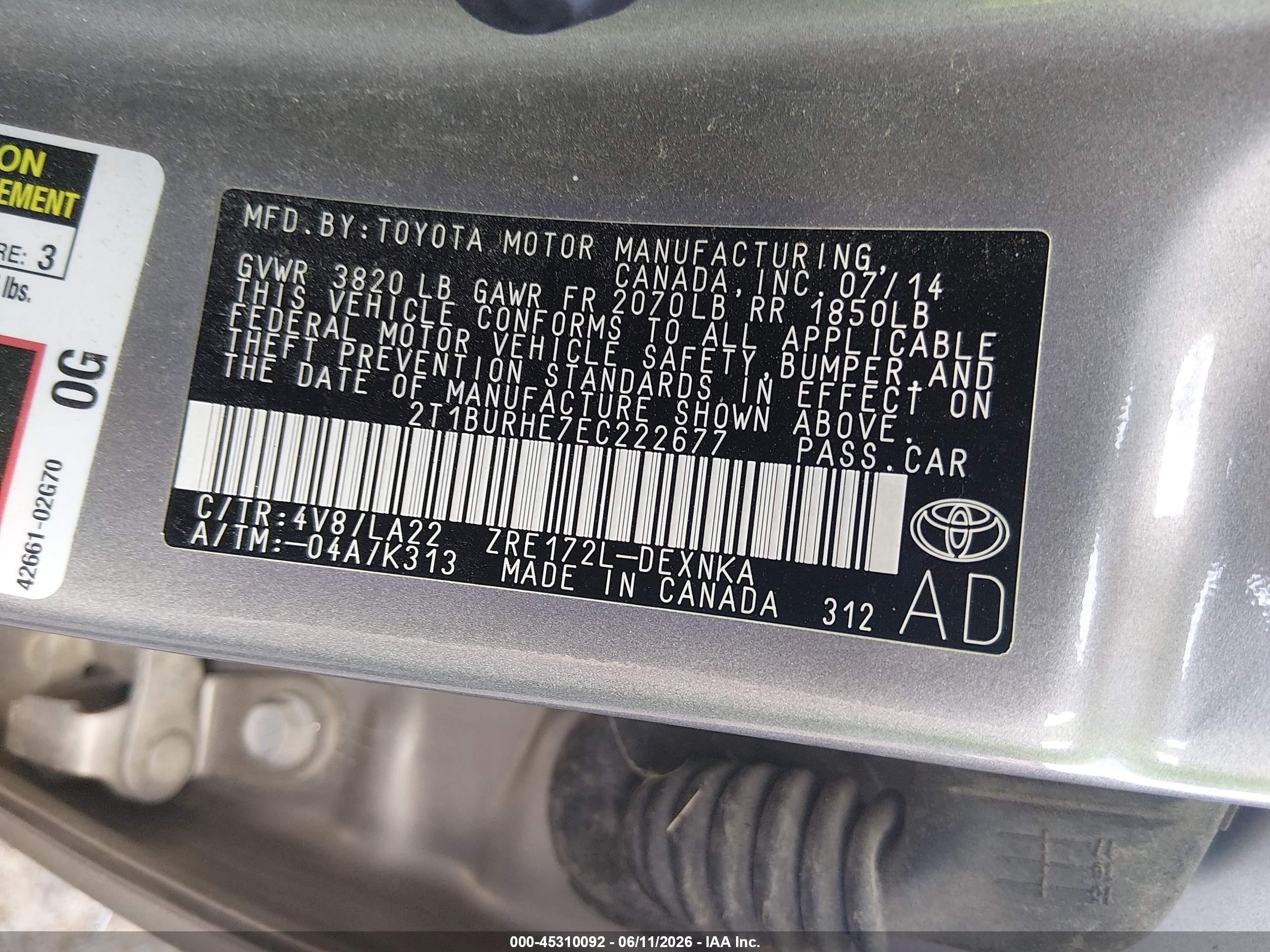 2014 Toyota Corolla Le Premium Gray vin: 2T1BURHE7EC222677