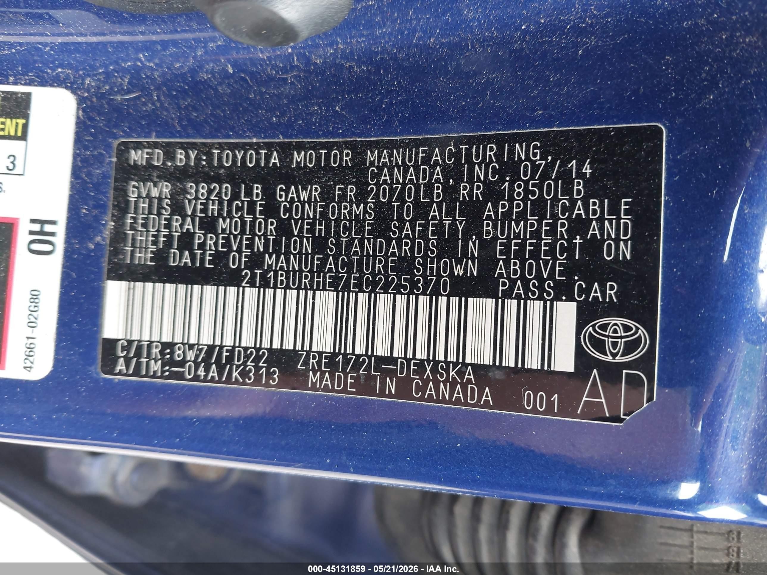 2014 Toyota Corolla S Plus Blue vin: 2T1BURHE7EC225370