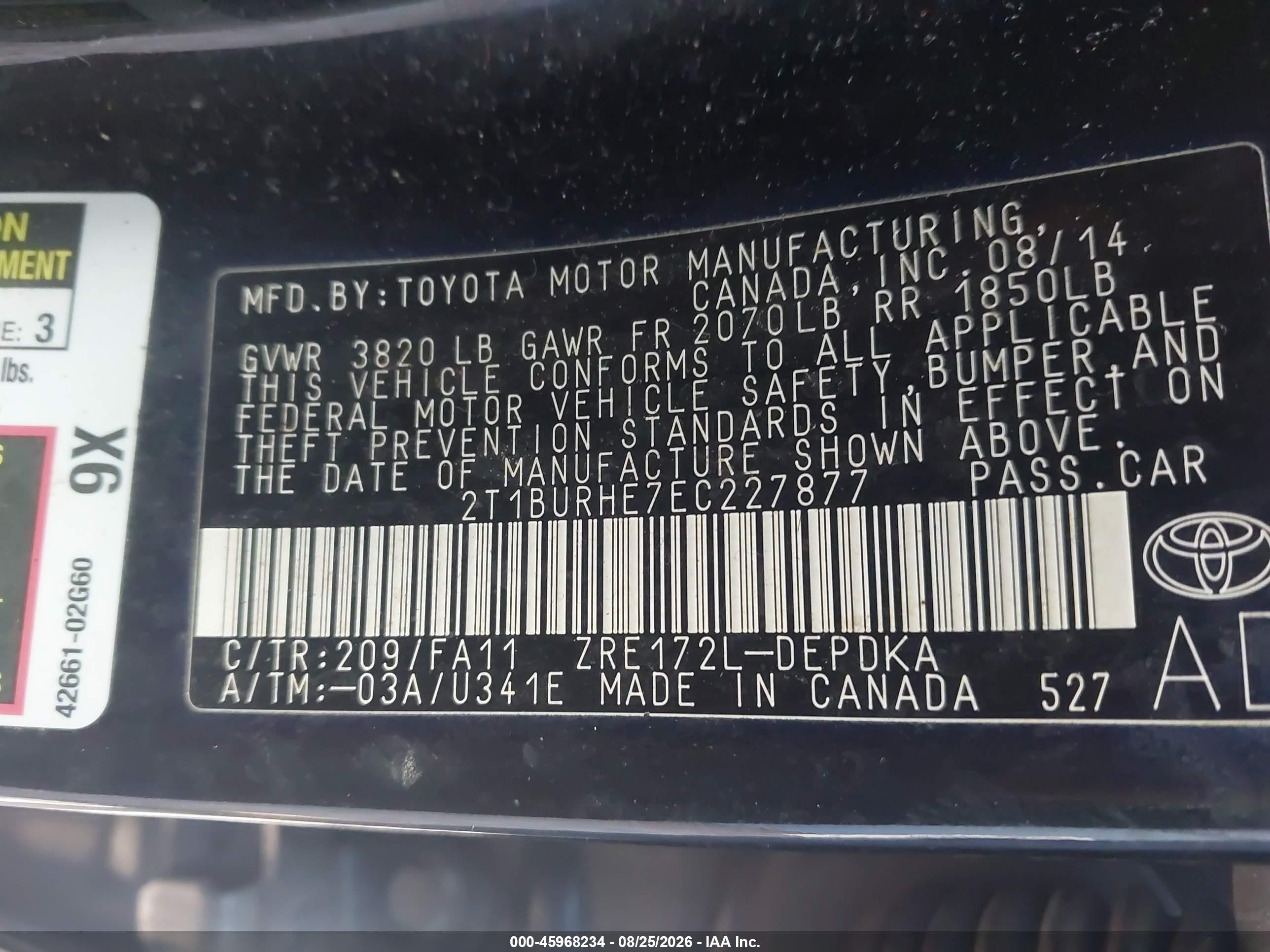 2014 Toyota Corolla L Black vin: 2T1BURHE7EC227877