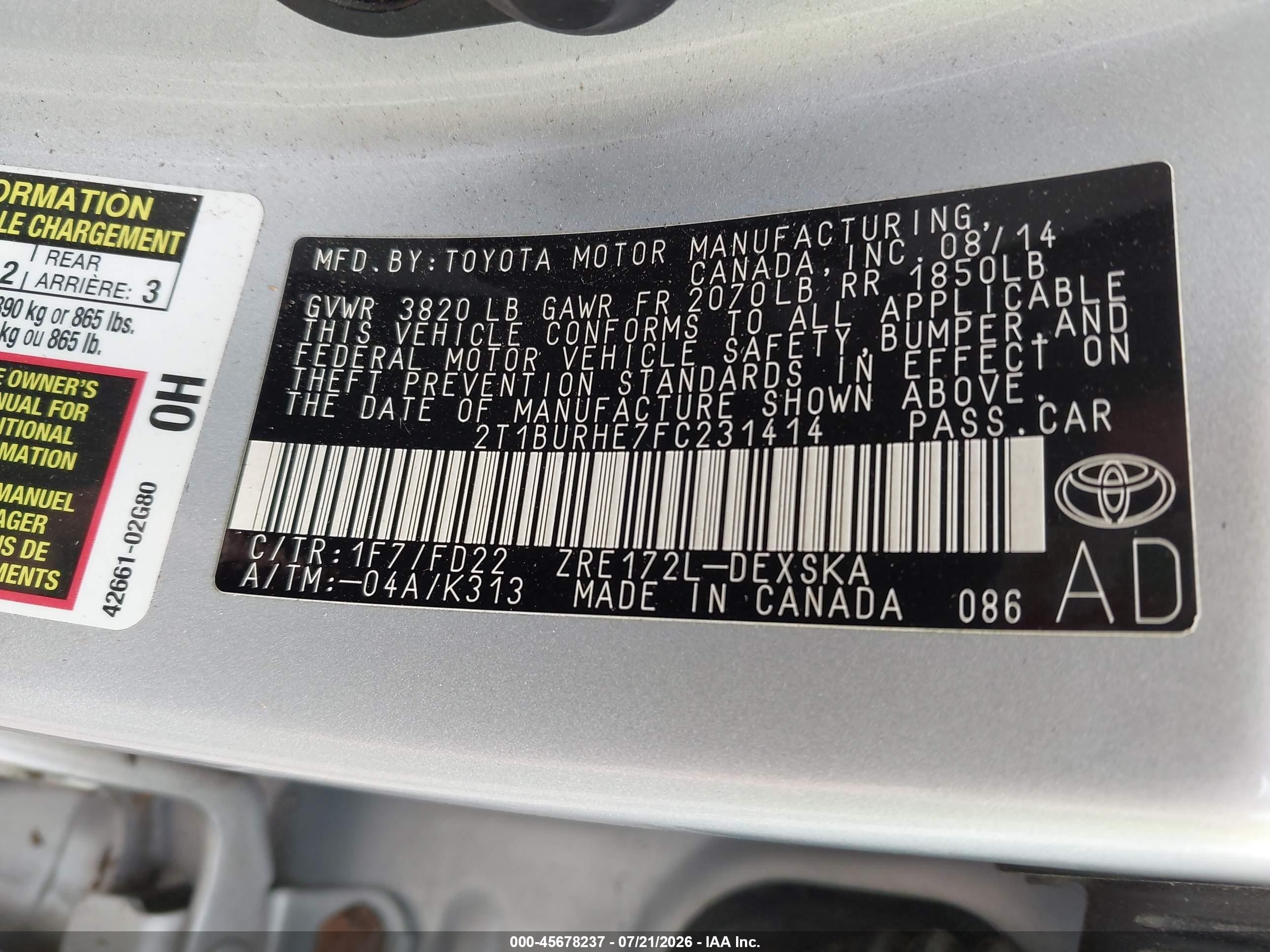 2015 Toyota Corolla S Plus Silver vin: 2T1BURHE7FC231414