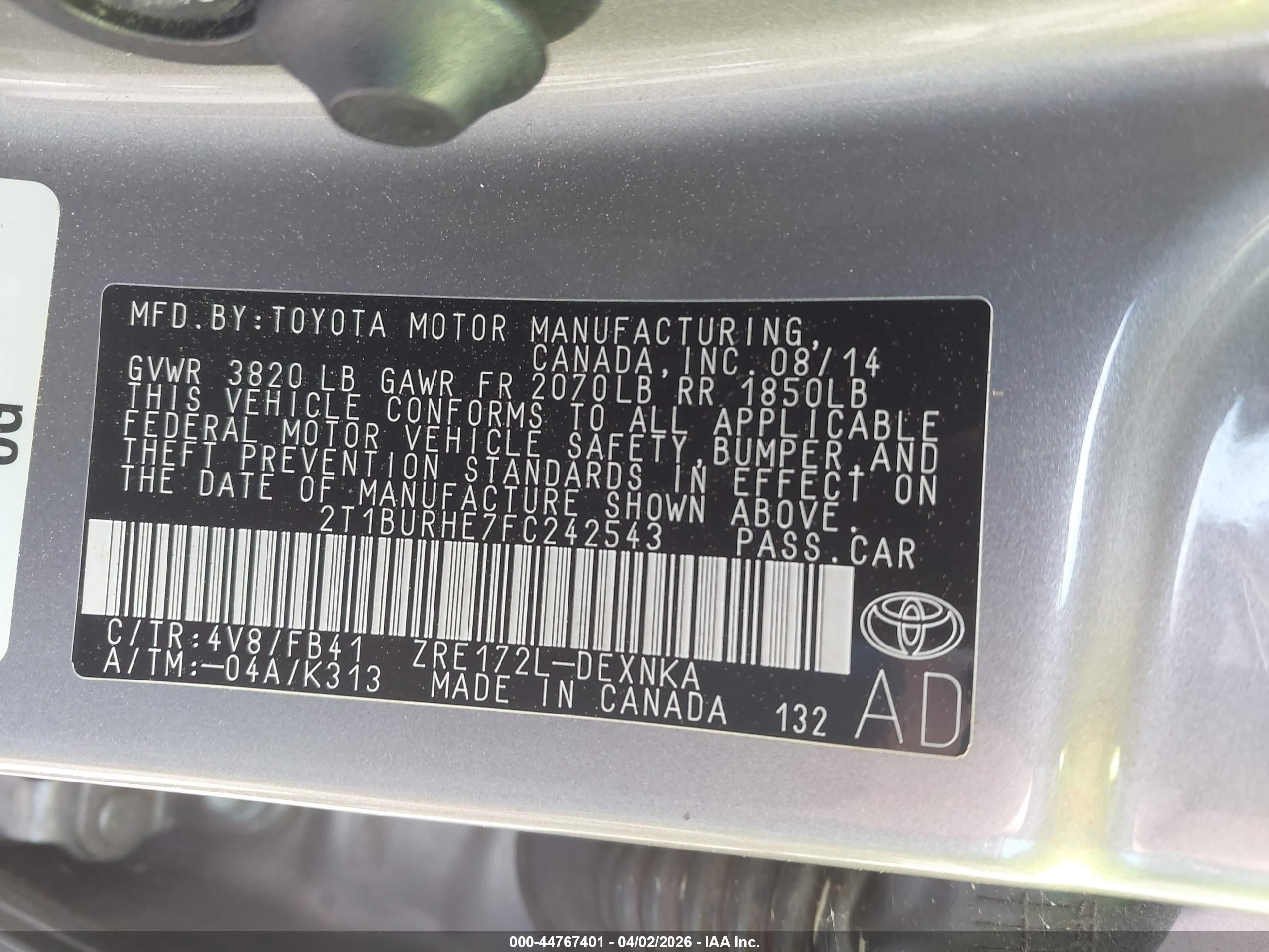 2015 Toyota Corolla Le Tan vin: 2T1BURHE7FC242543