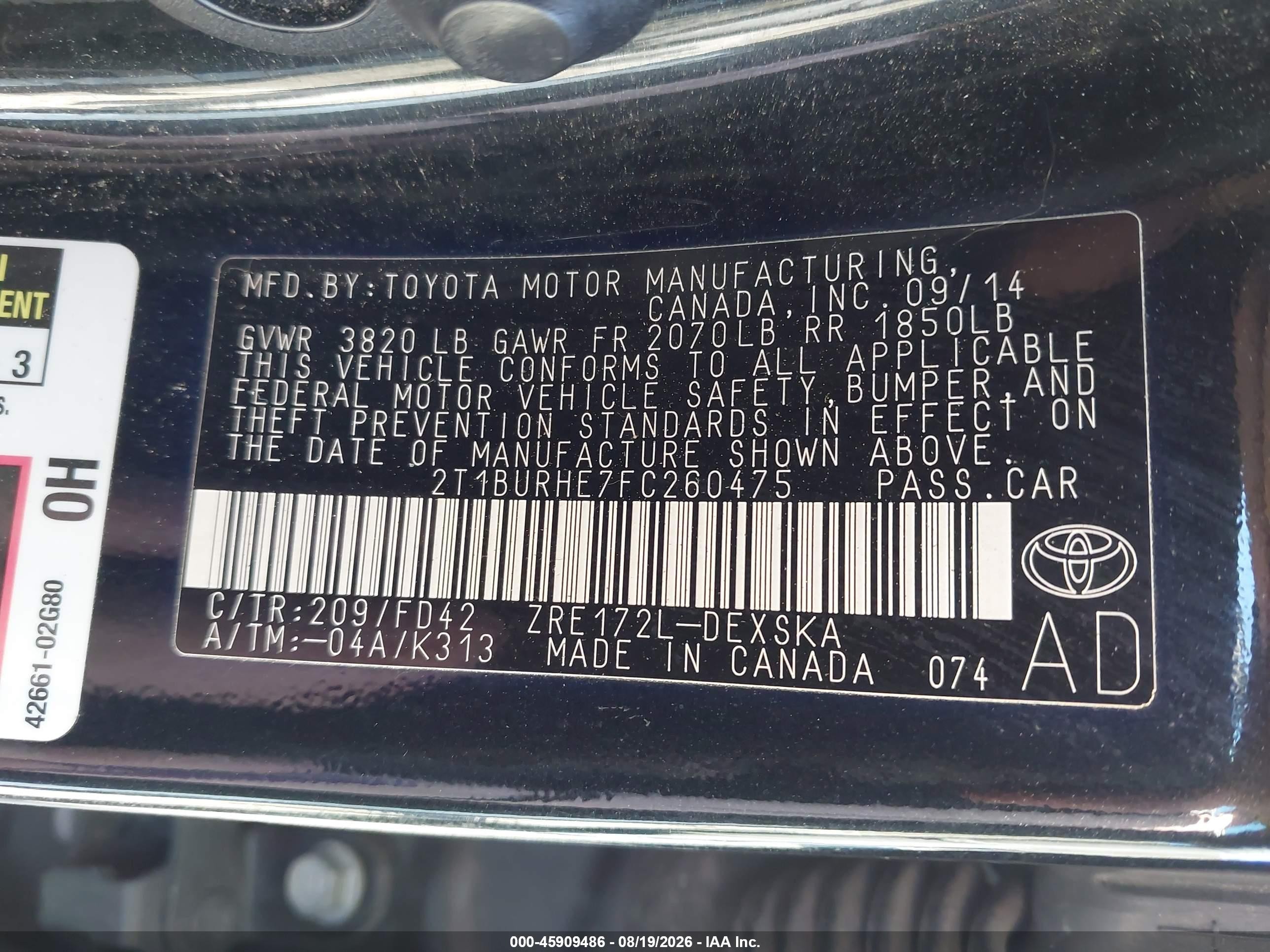 2015 Toyota Corolla S Plus Black vin: 2T1BURHE7FC260475