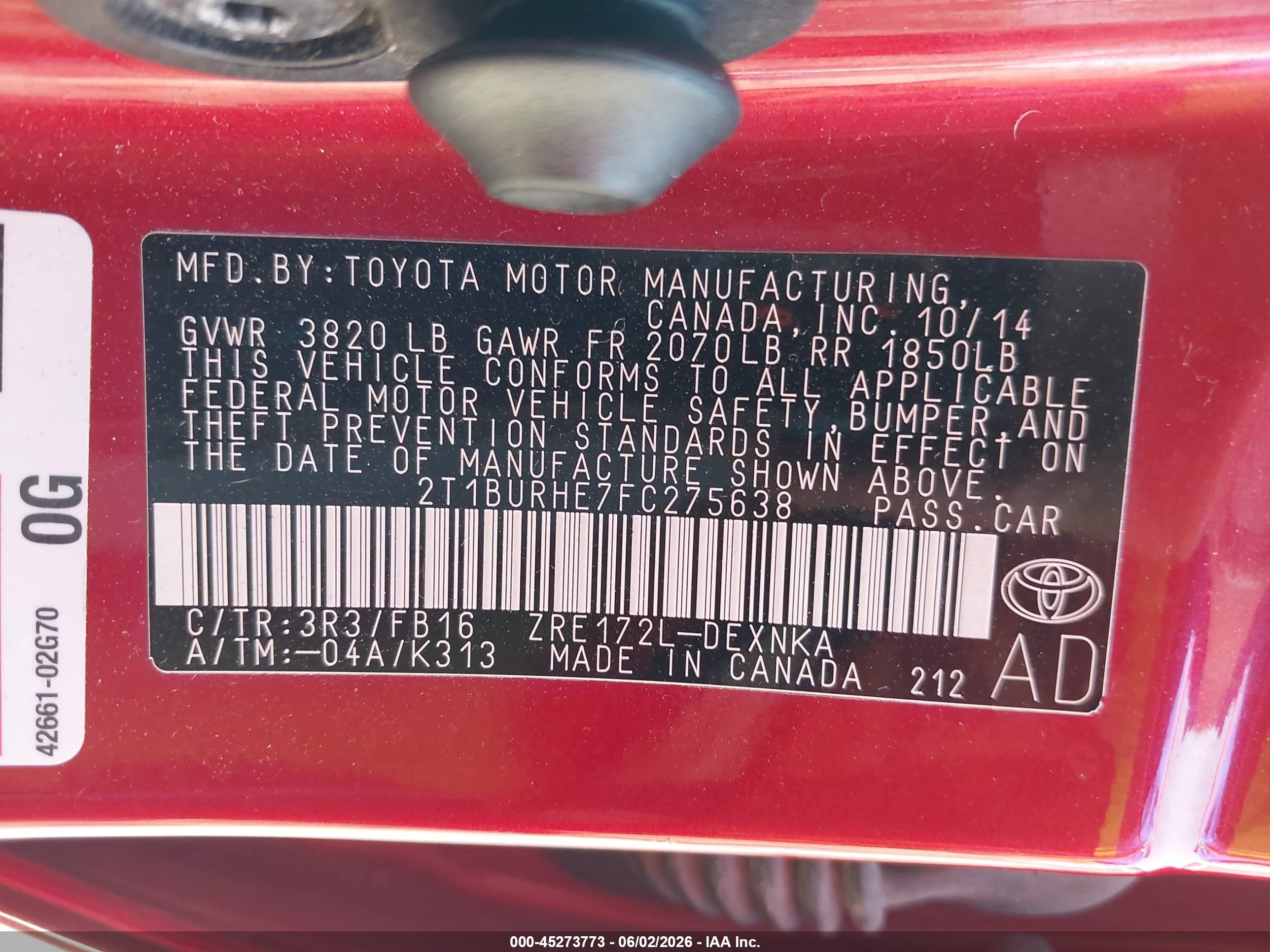 2015 Toyota Corolla Le Red vin: 2T1BURHE7FC275638