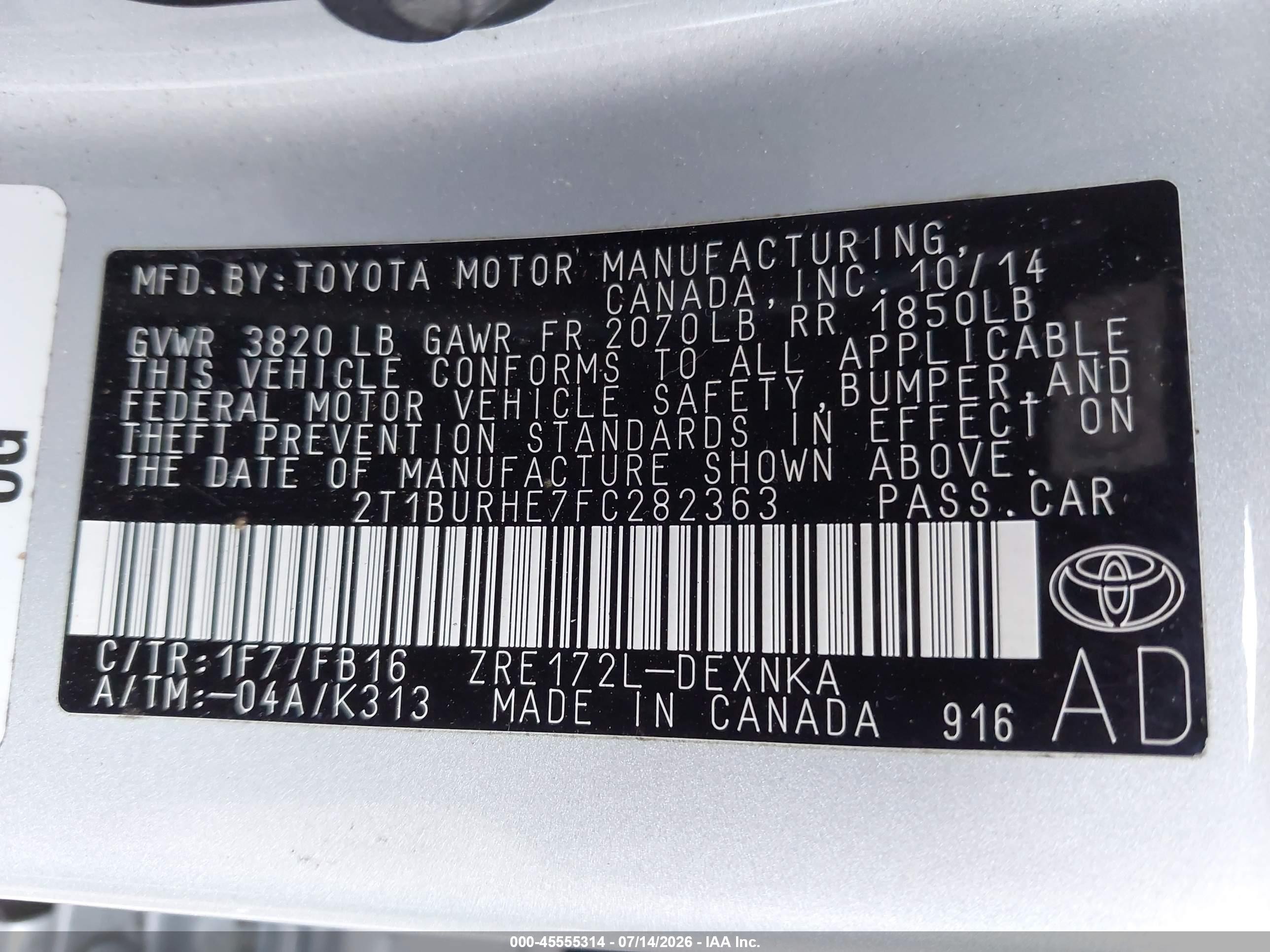 2015 Toyota Corolla Le Silver vin: 2T1BURHE7FC282363