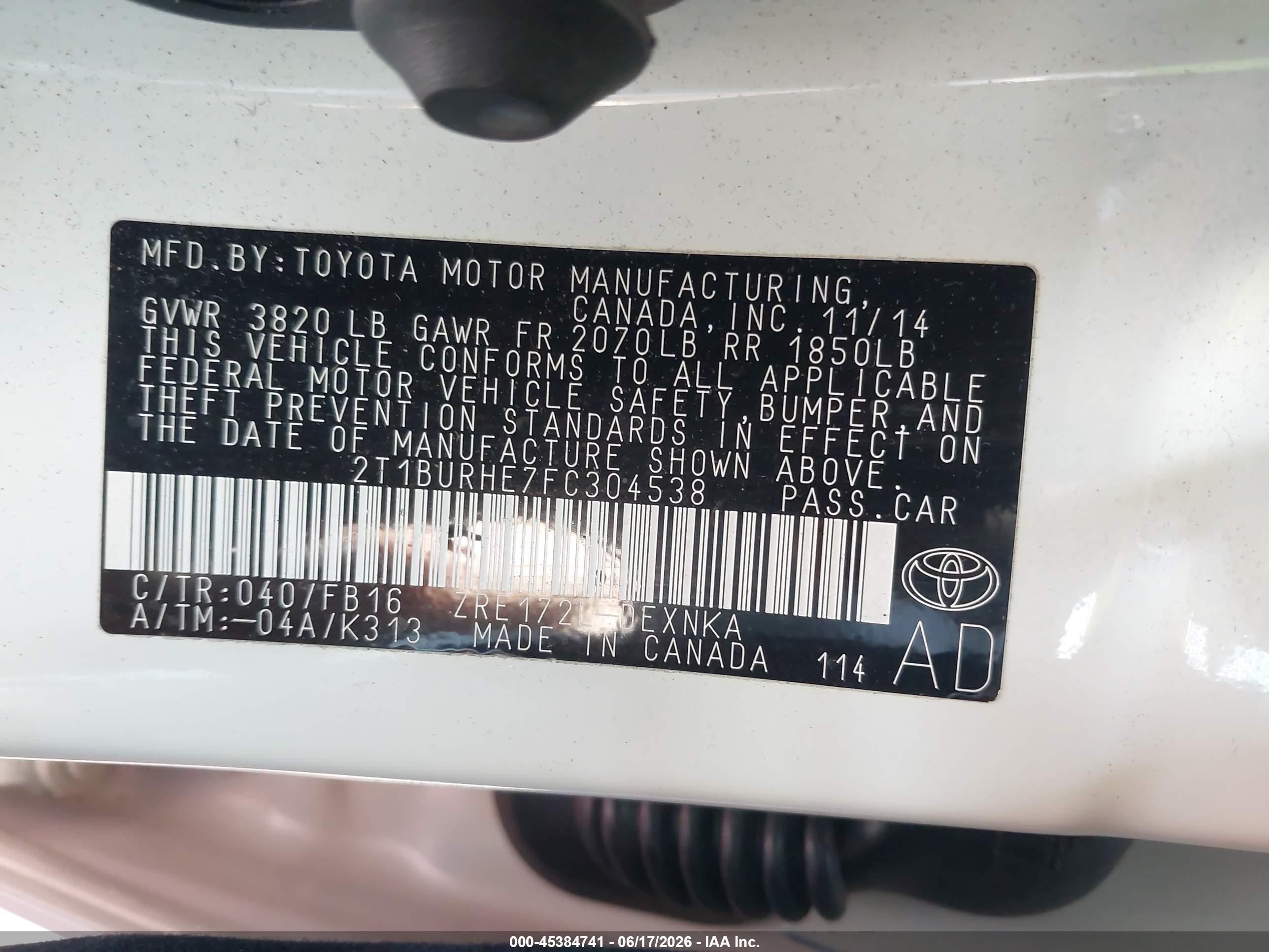 2015 Toyota Corolla Le White vin: 2T1BURHE7FC304538