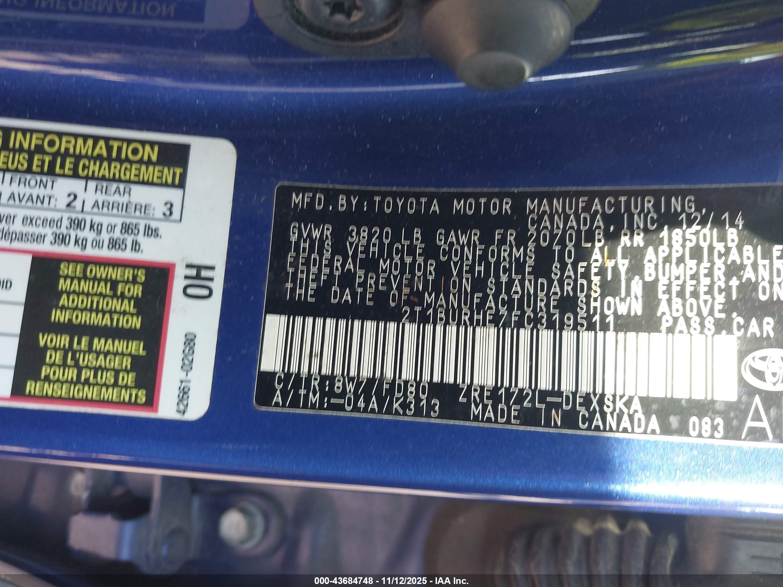 2015 Toyota Corolla S Plus Blue vin: 2T1BURHE7FC319511