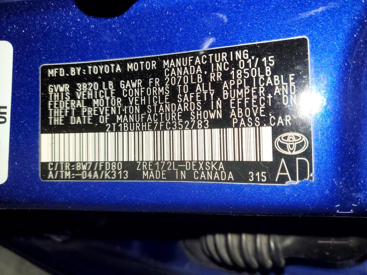 2015 Toyota Corolla L Blue vin: 2T1BURHE7FC352783