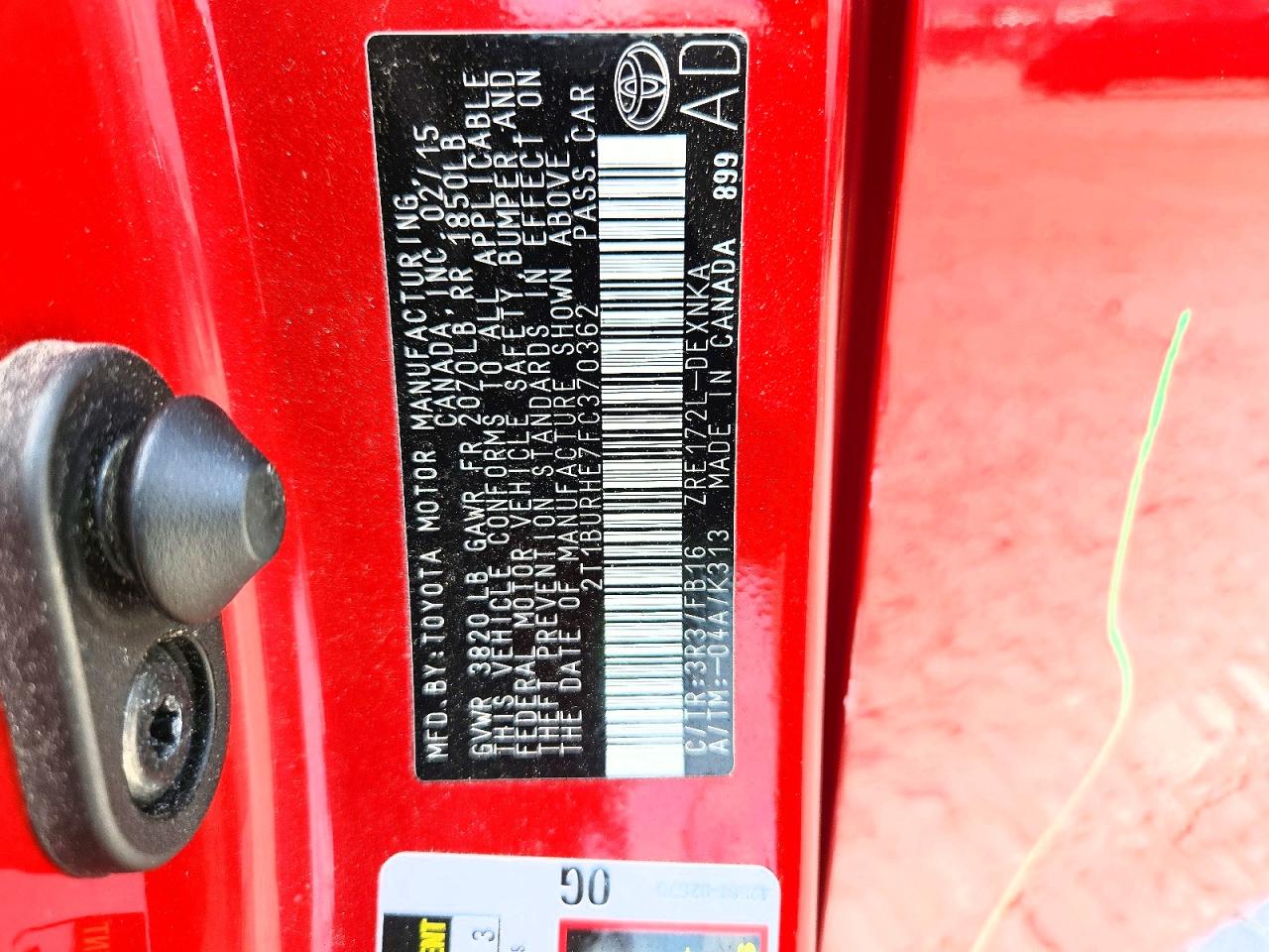 2015 Toyota Corolla Le Red vin: 2T1BURHE7FC370362
