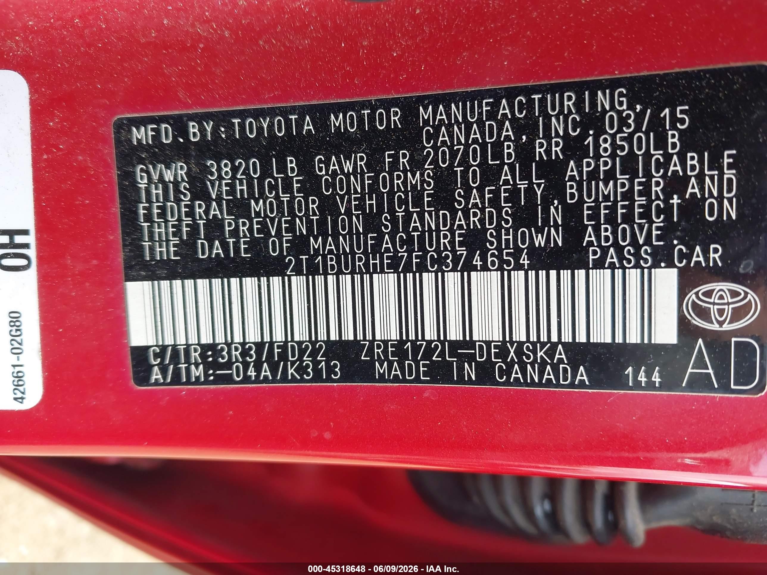 2015 Toyota Corolla S Plus Red vin: 2T1BURHE7FC374654