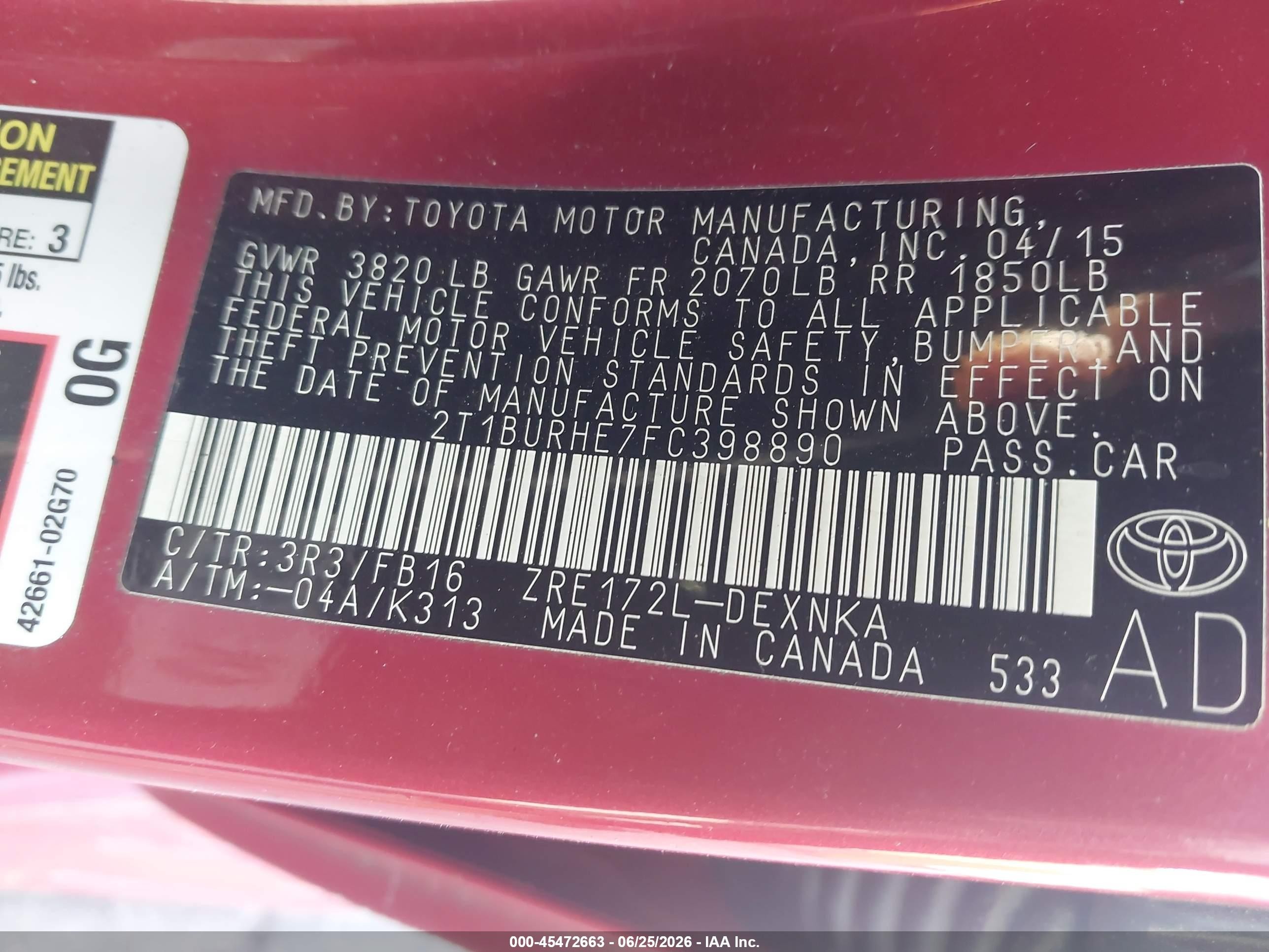 2015 Toyota Corolla Le Red vin: 2T1BURHE7FC398890