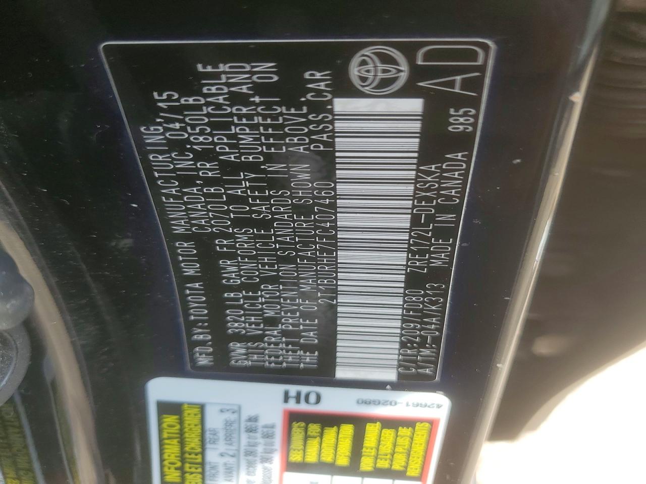 2015 Toyota Corolla S Plus Black vin: 2T1BURHE7FC407460