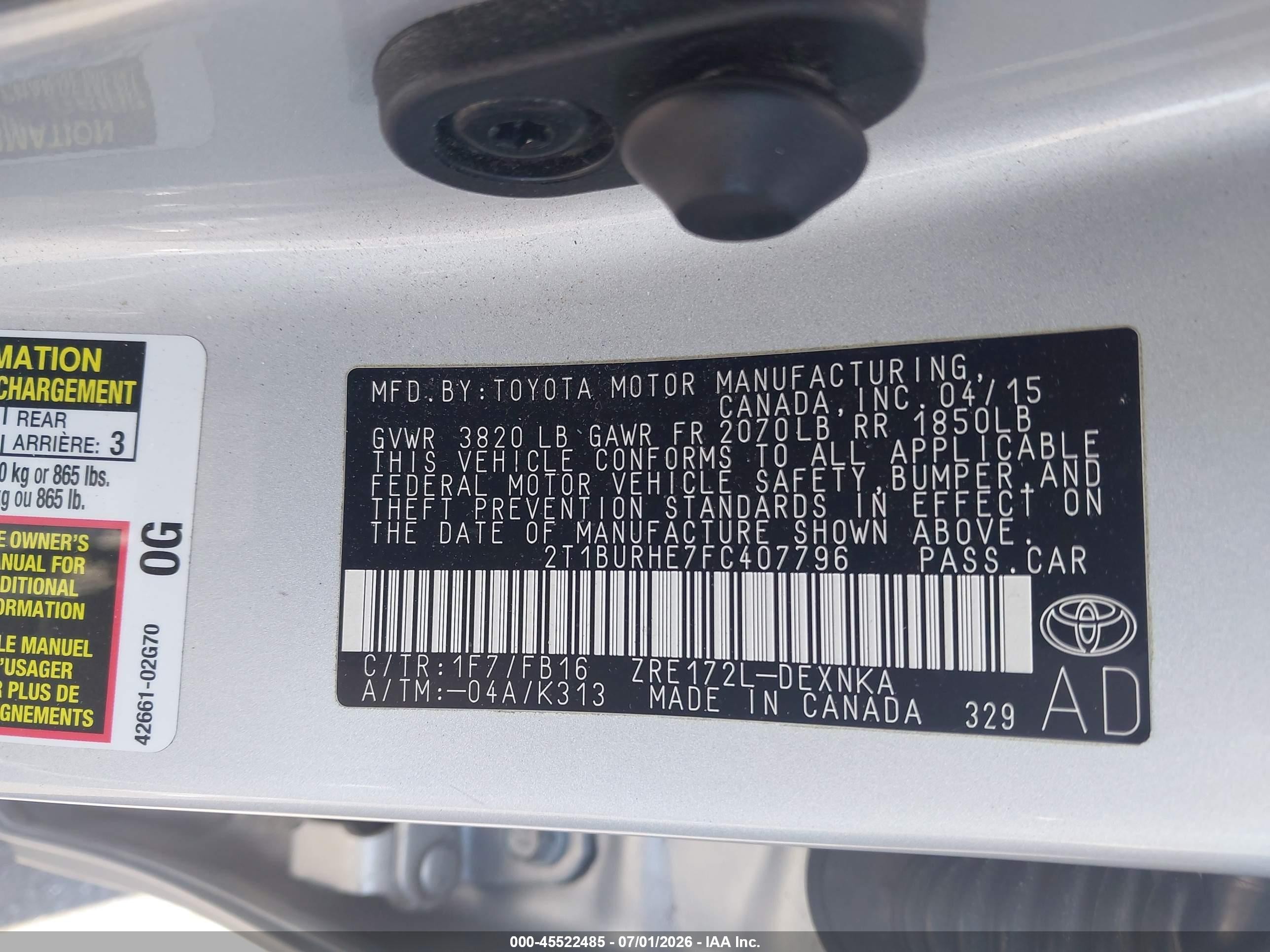 2015 Toyota Corolla Le Серебряный vin: 2T1BURHE7FC407796