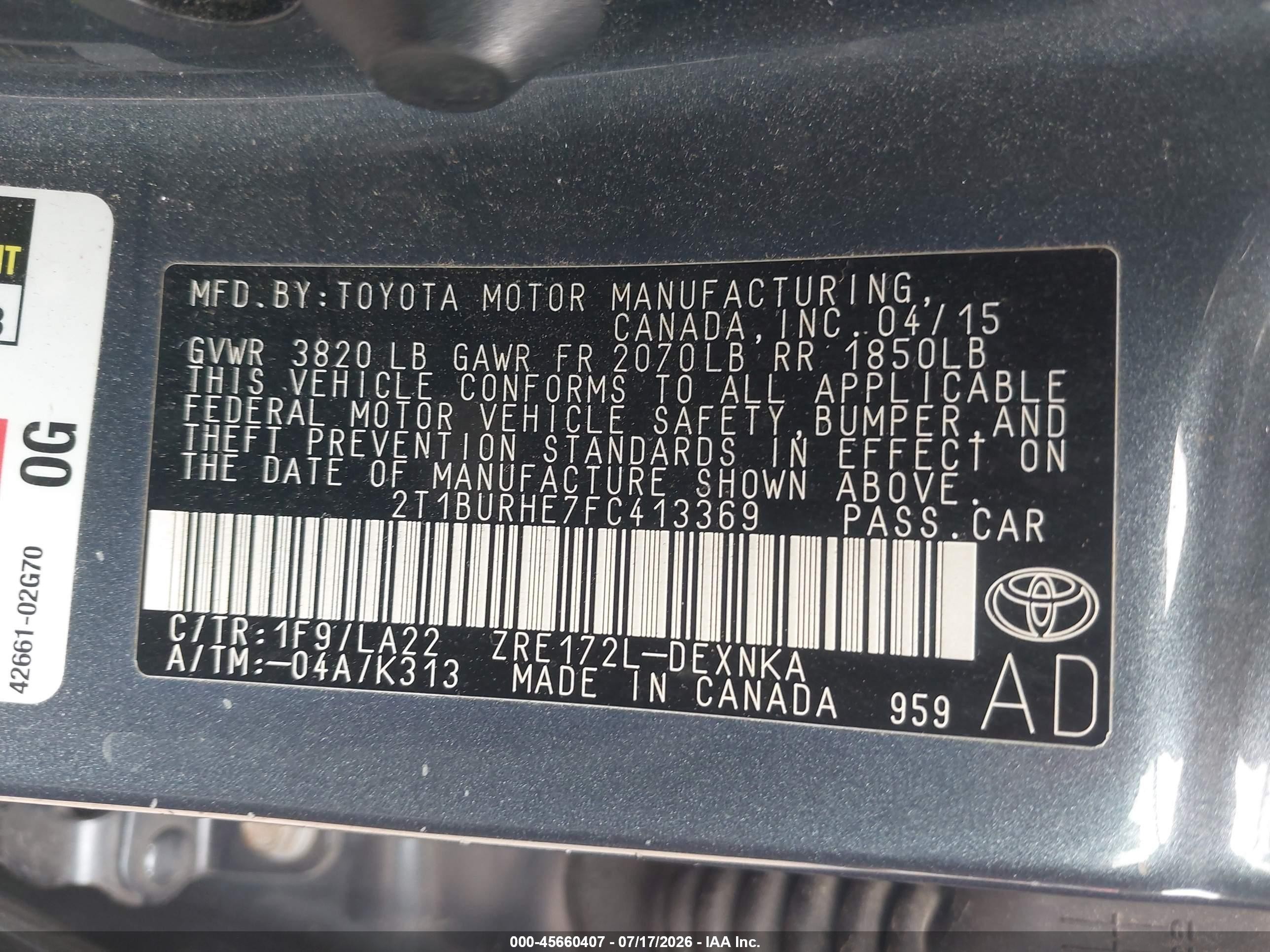 2015 Toyota Corolla Le Premium Серый vin: 2T1BURHE7FC413369