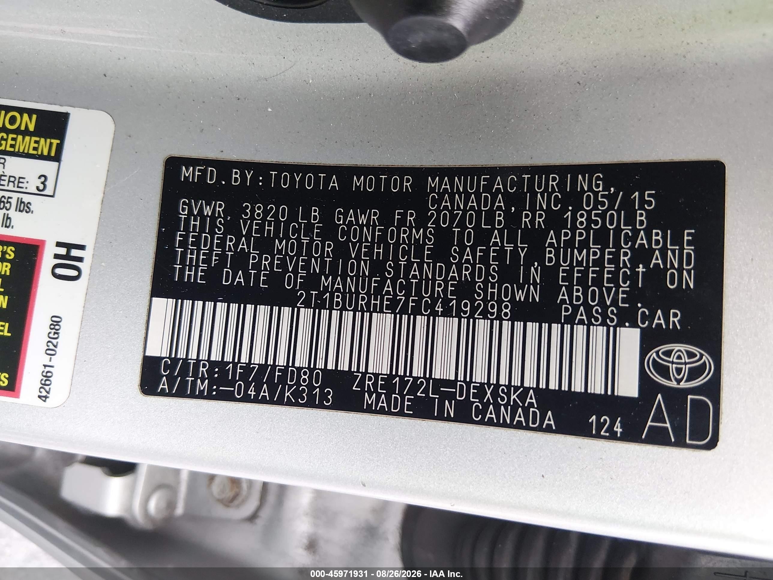 2015 Toyota Corolla S Plus Серебряный vin: 2T1BURHE7FC419298