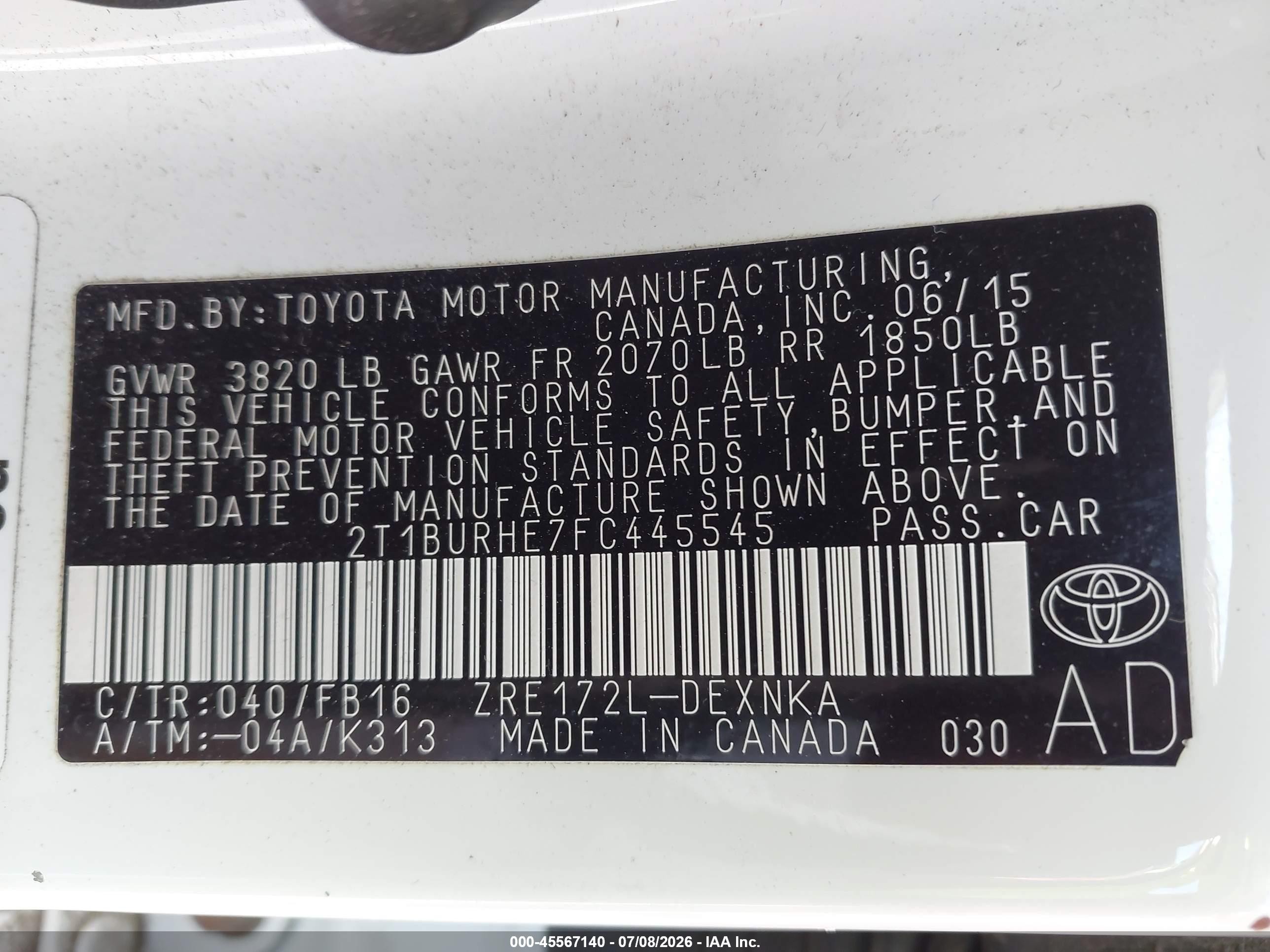 2015 Toyota Corolla Le White vin: 2T1BURHE7FC445545