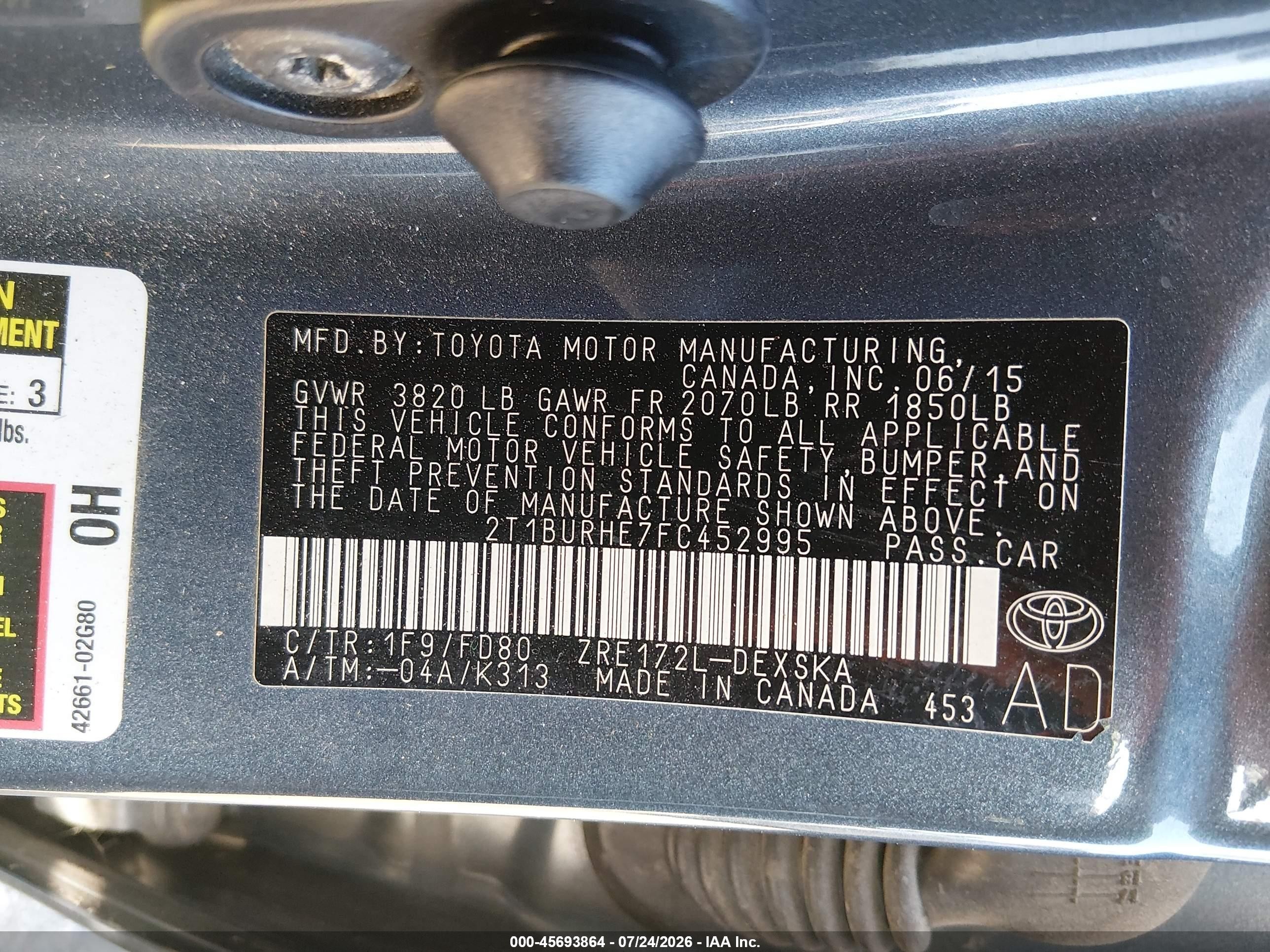 2015 Toyota Corolla S Plus Gray vin: 2T1BURHE7FC452995