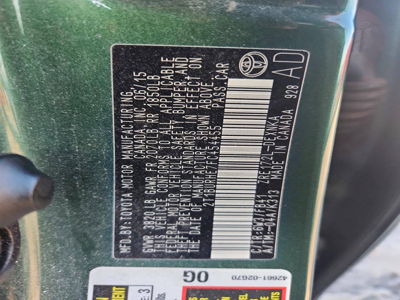 2015 Toyota Corolla Le Green vin: 2T1BURHE7FC454455