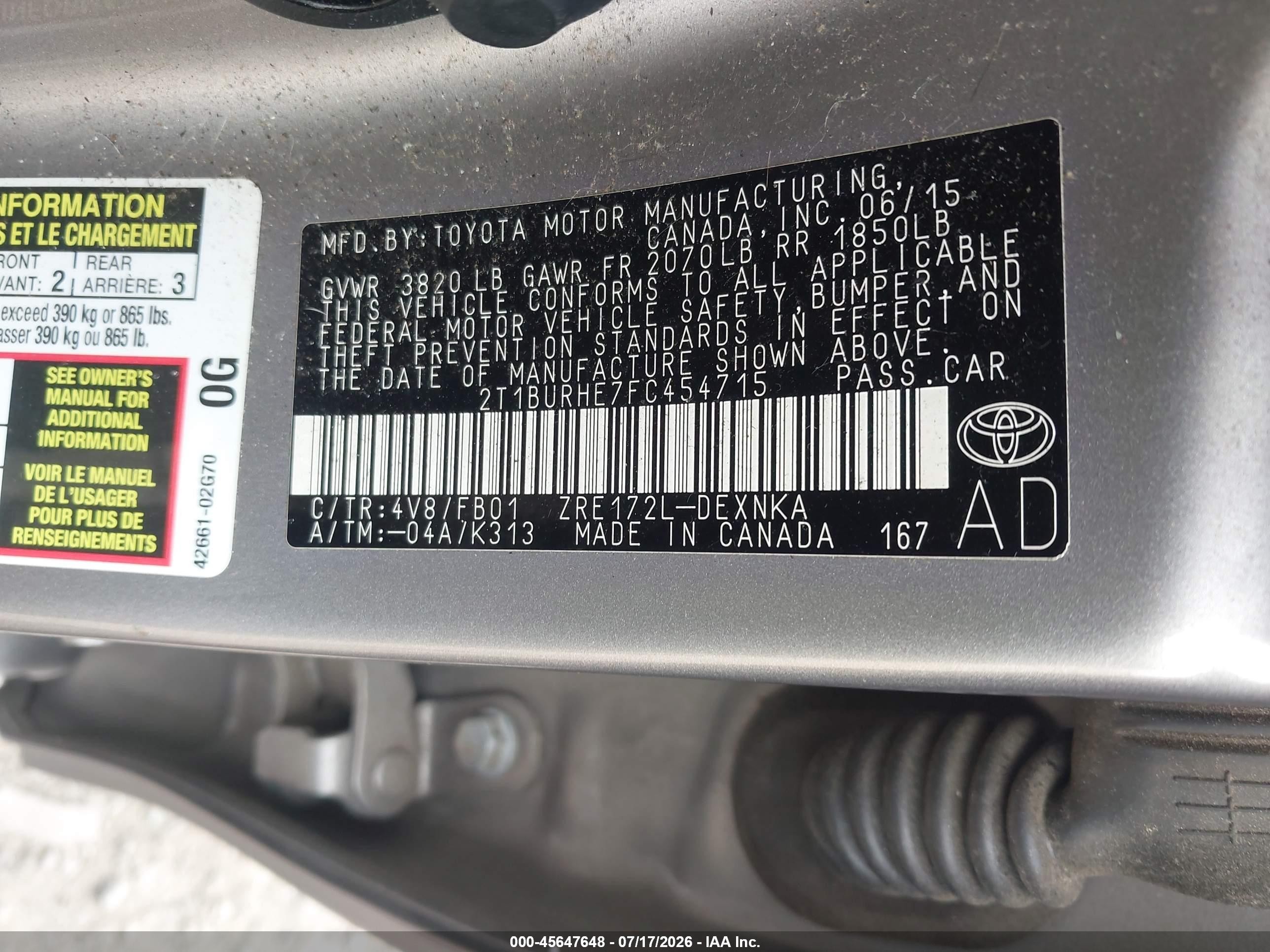 2015 Toyota Corolla Le Gold vin: 2T1BURHE7FC454715