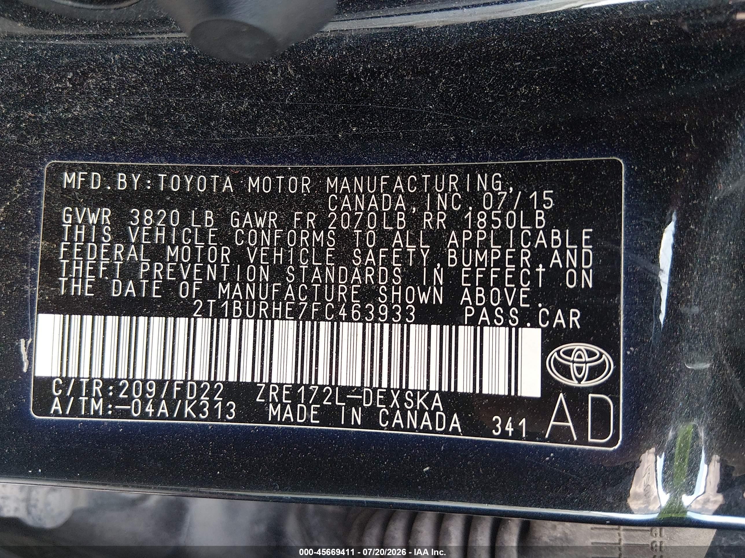 2015 Toyota Corolla S Plus Black vin: 2T1BURHE7FC463933