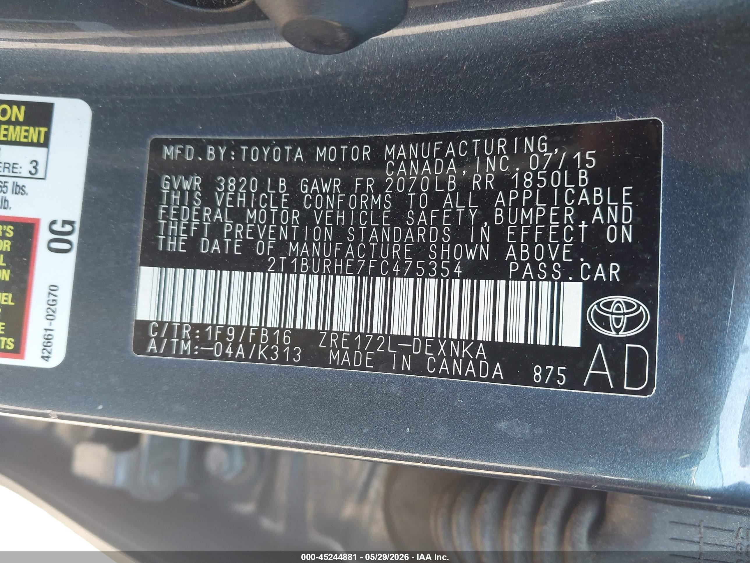 2015 Toyota Corolla Le Gray vin: 2T1BURHE7FC475354