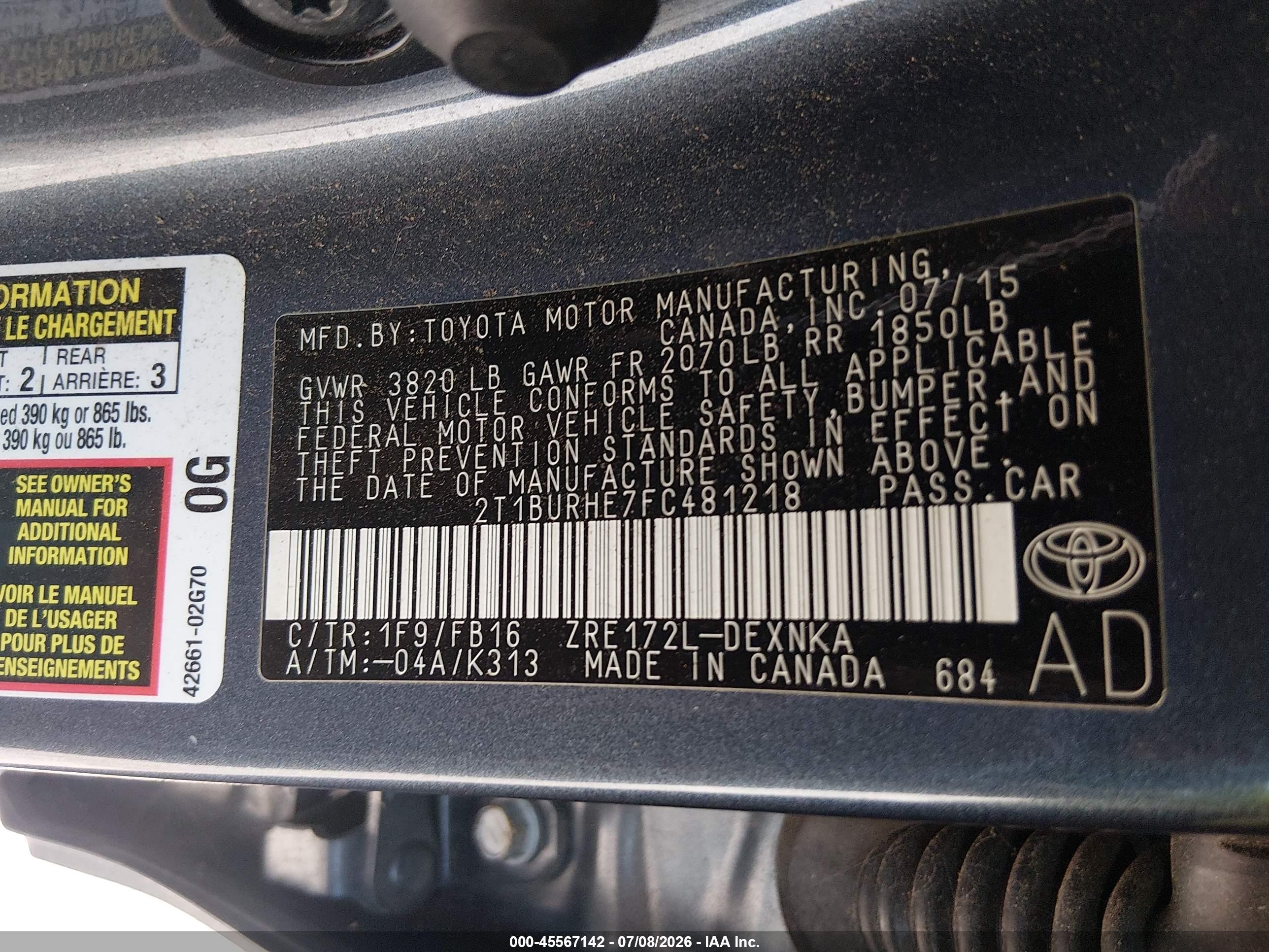 2015 Toyota Corolla Le Gray vin: 2T1BURHE7FC481218