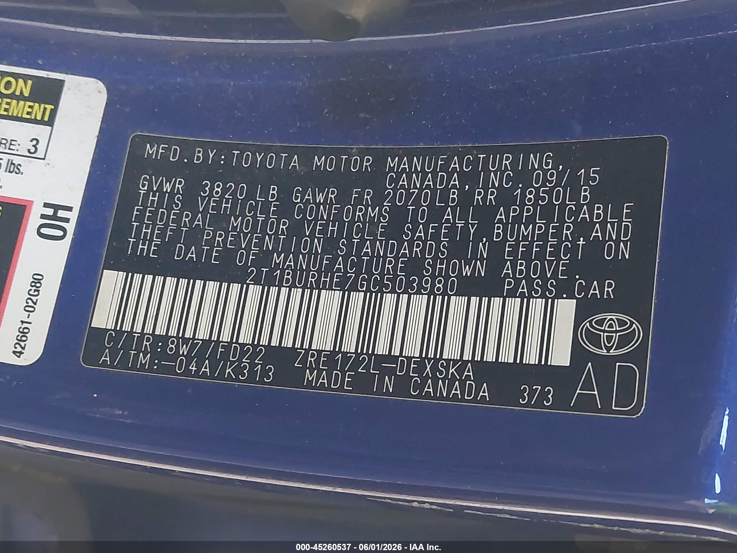 2016 Toyota Corolla S Plus Blue vin: 2T1BURHE7GC503980