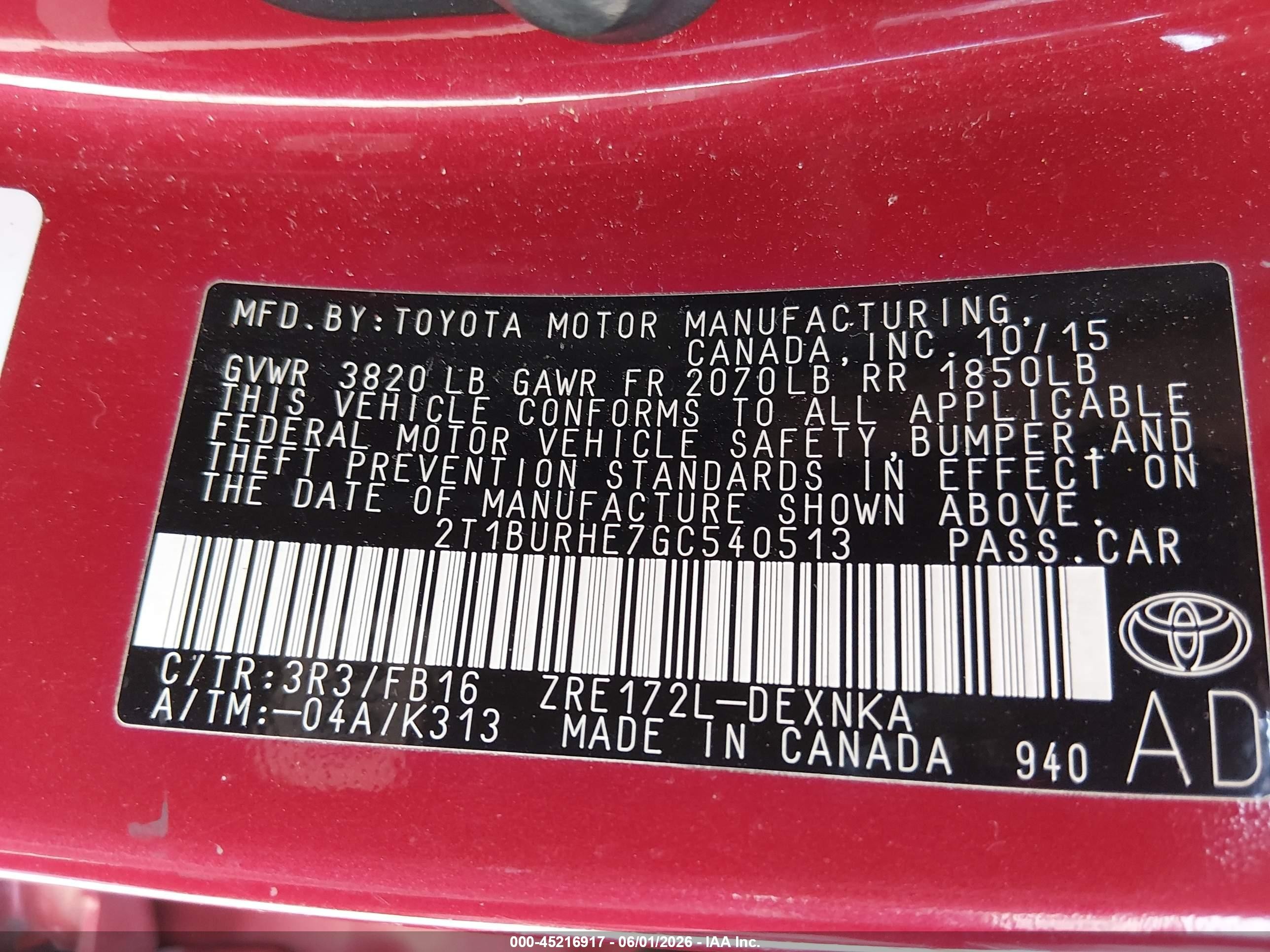 2016 Toyota Corolla Le Red vin: 2T1BURHE7GC540513