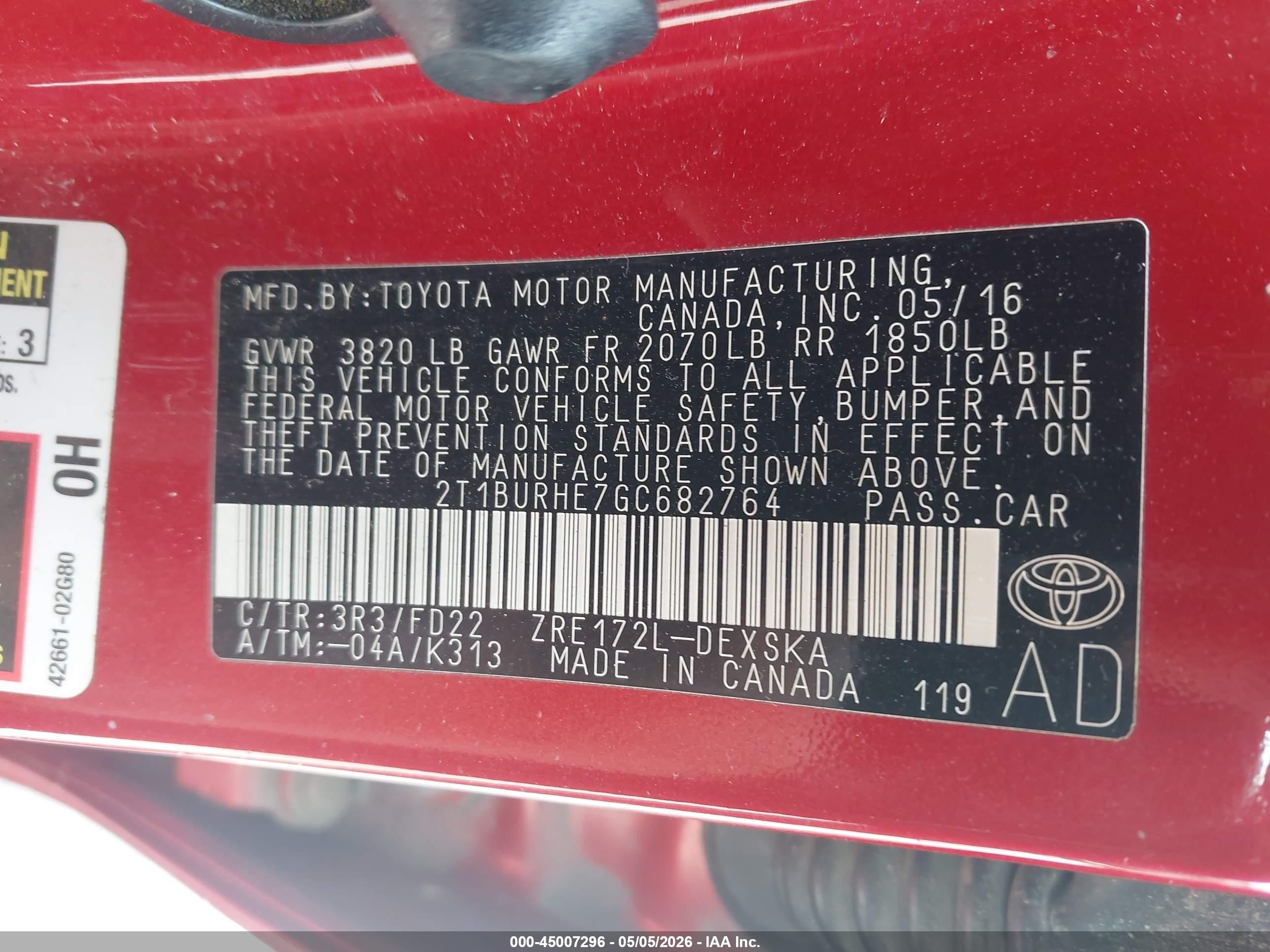 2016 Toyota Corolla L/le/le Plus/le Premium/s/s Plus/s Premium/s W/special Edition Pkg Red vin: 2T1BURHE7GC682764