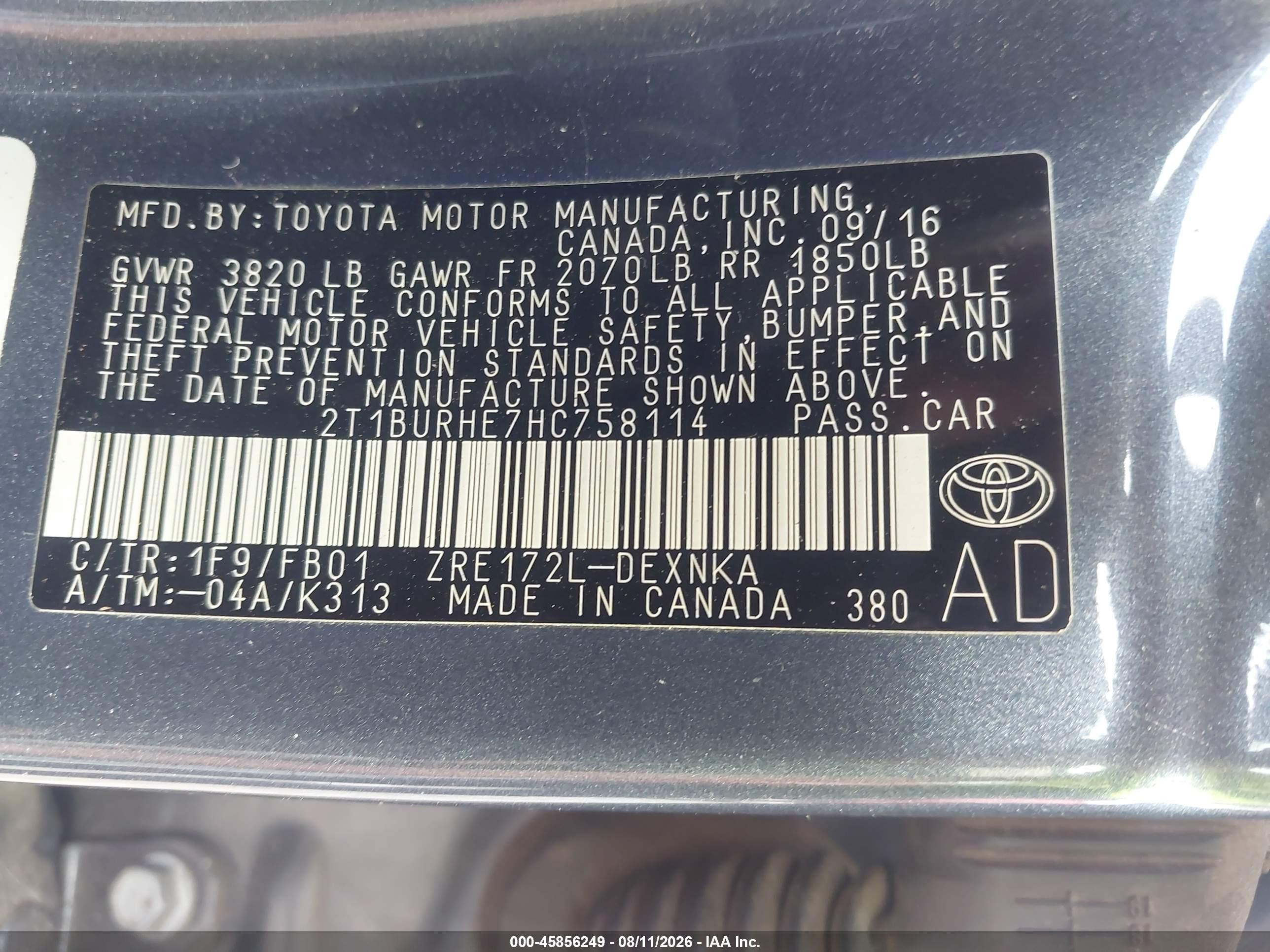 2017 Toyota Corolla Le Gray vin: 2T1BURHE7HC758114