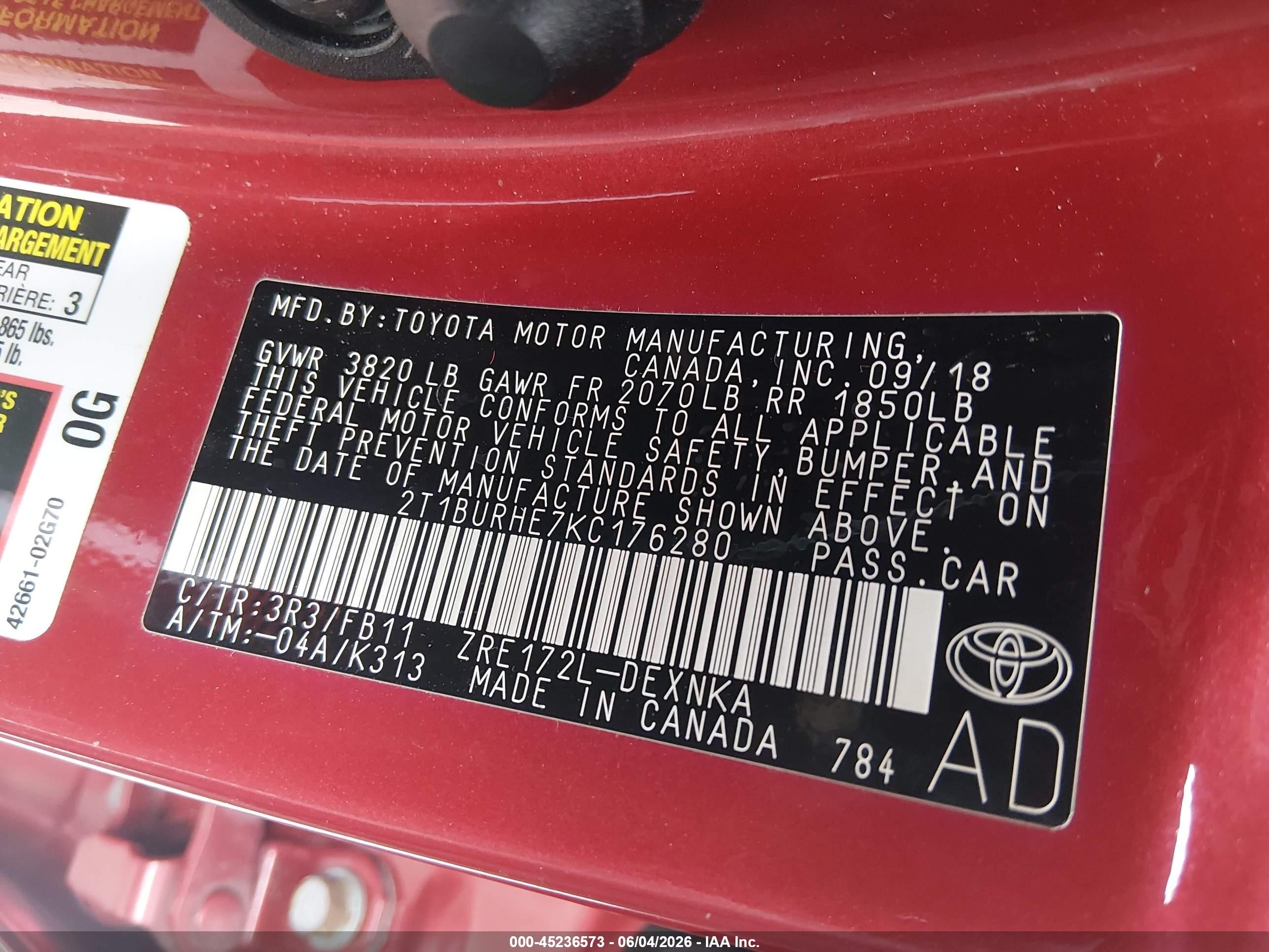 2019 Toyota Corolla Le Red vin: 2T1BURHE7KC176280