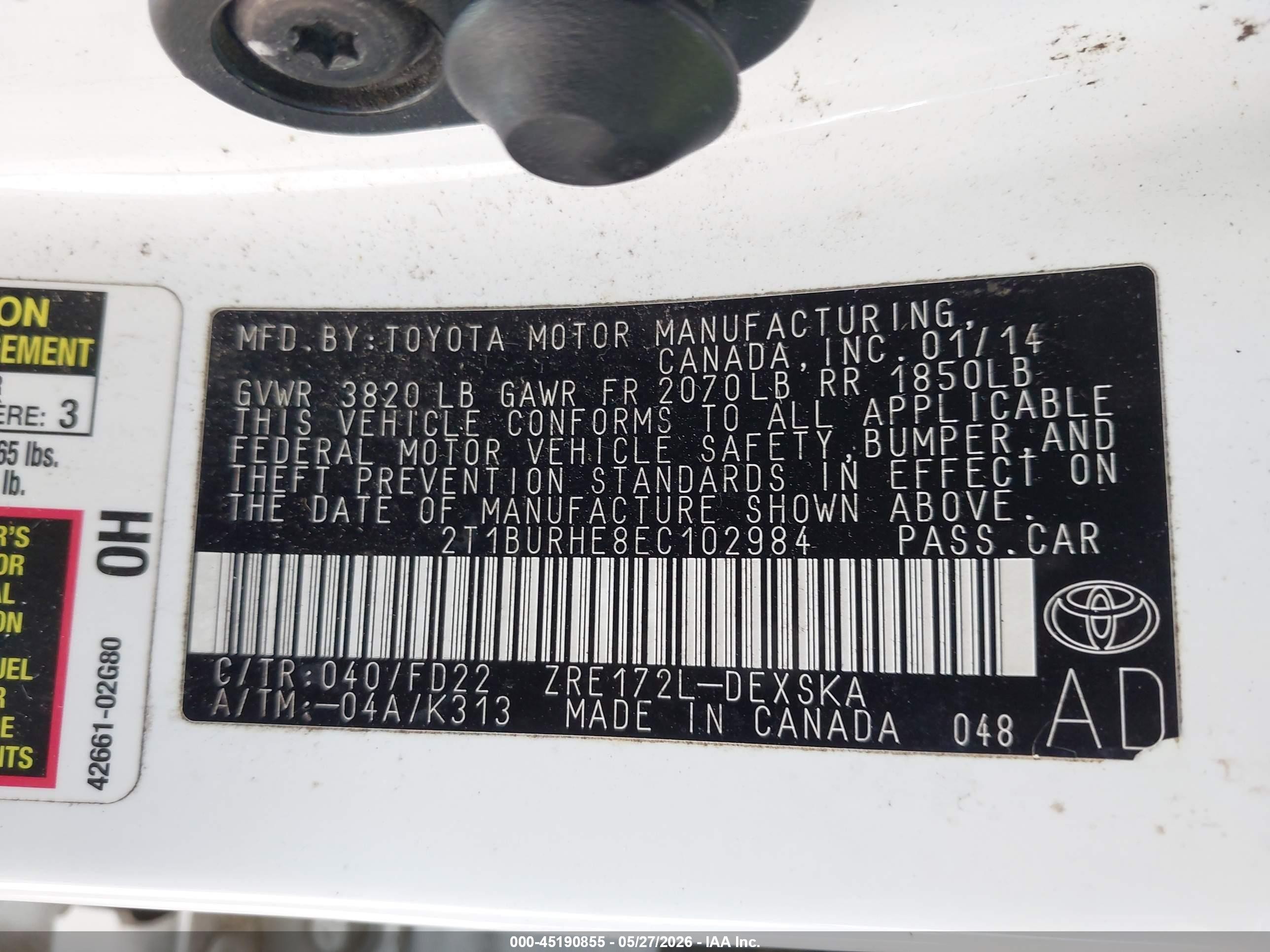 2014 Toyota Corolla S Plus White vin: 2T1BURHE8EC102984
