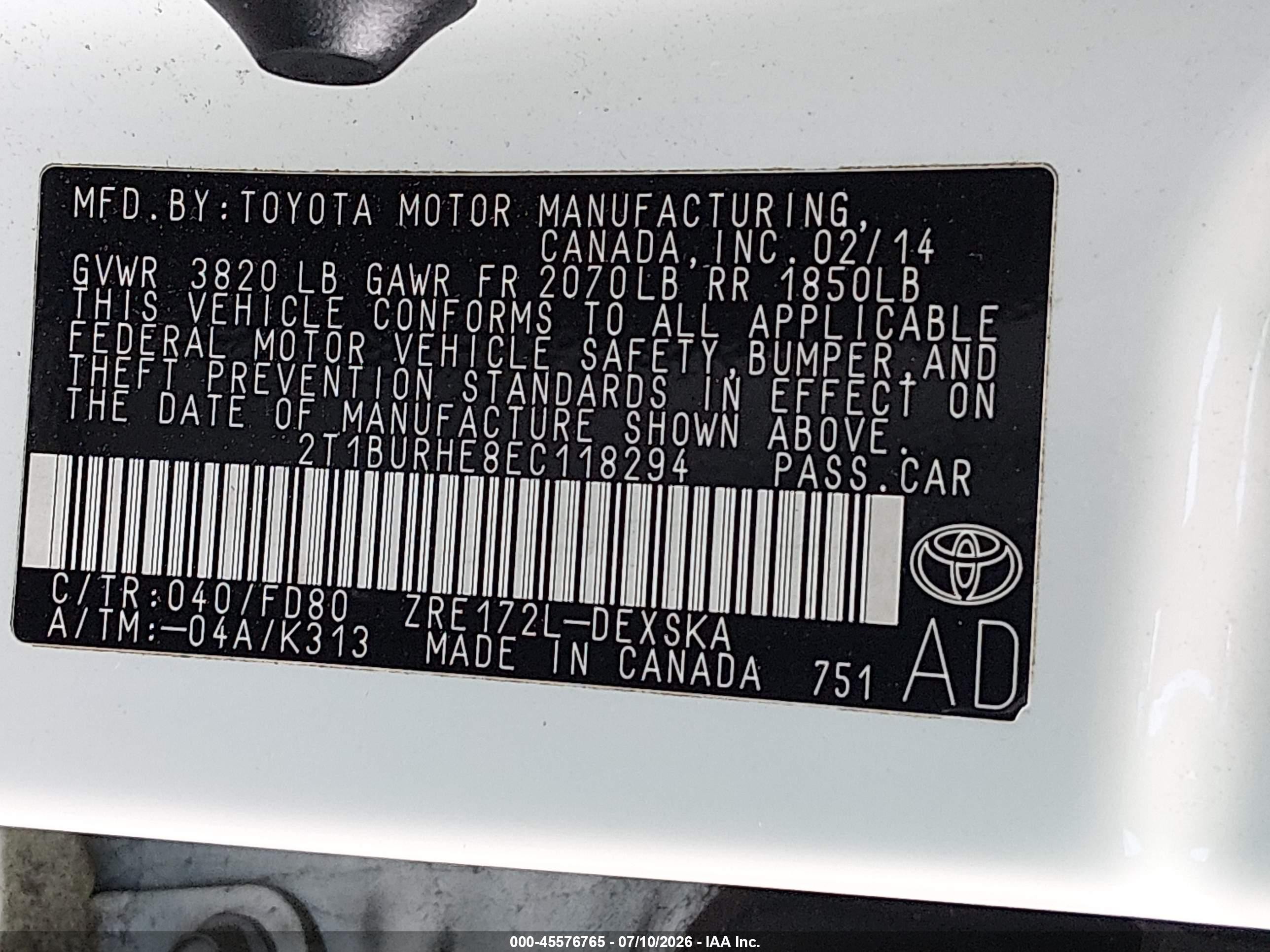 2014 Toyota Corolla S Plus Белый vin: 2T1BURHE8EC118294