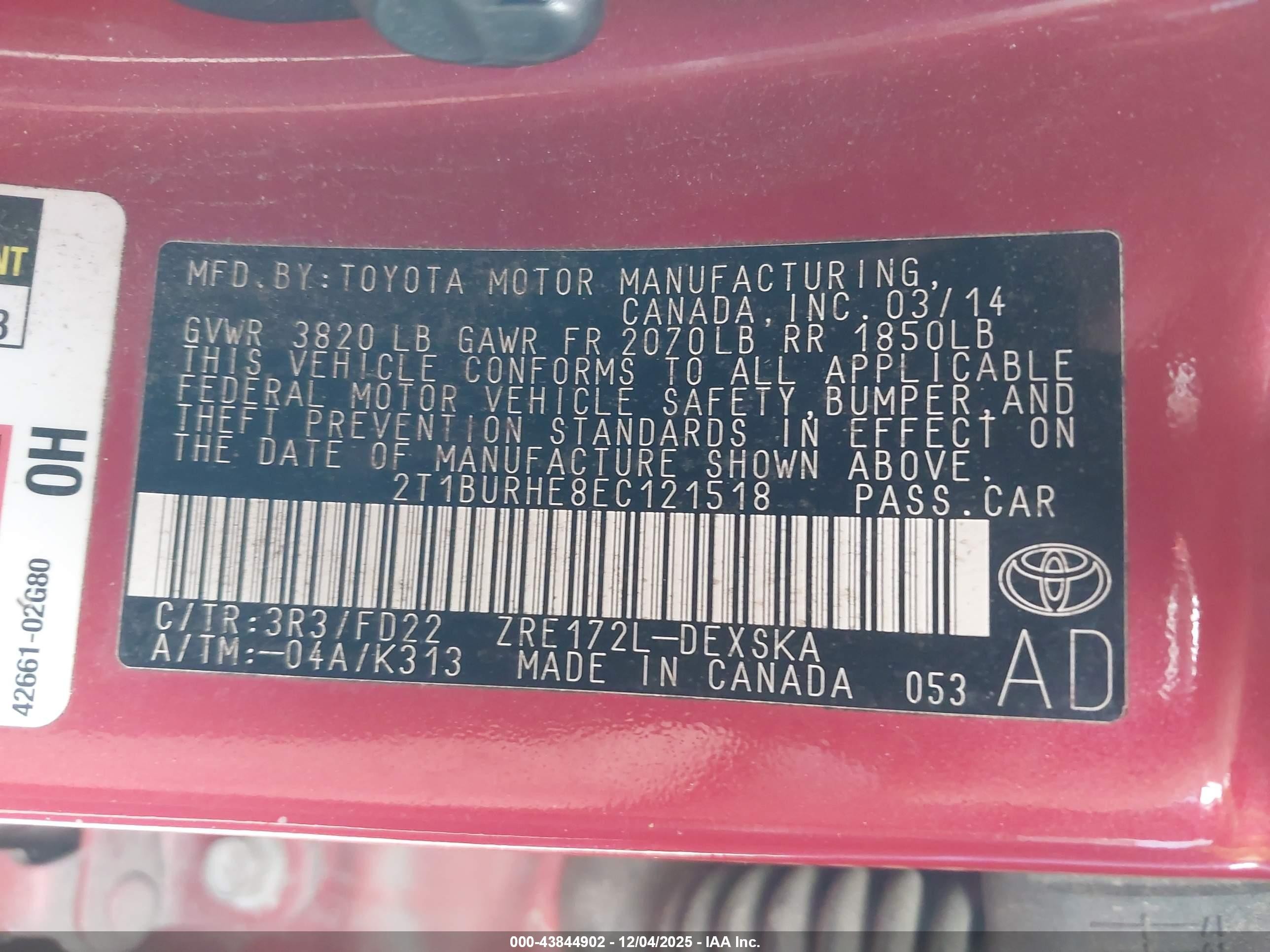 2014 Toyota Corolla S Plus Red vin: 2T1BURHE8EC121518