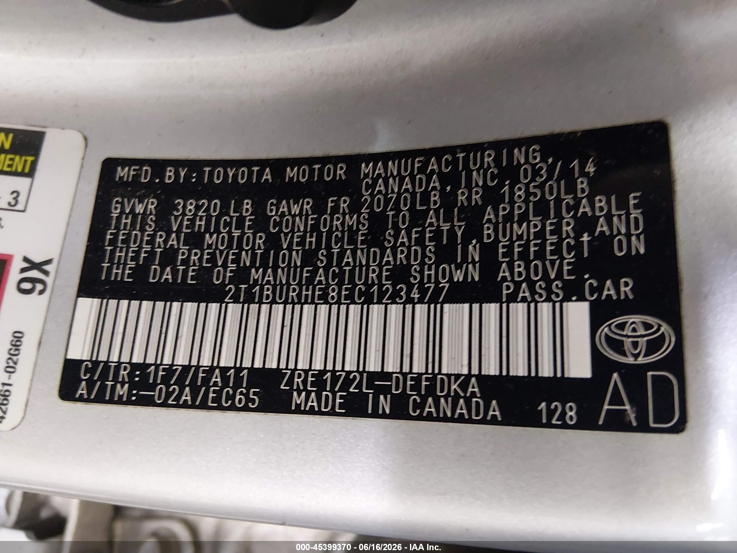 2014 Toyota Corolla L Silver vin: 2T1BURHE8EC123477