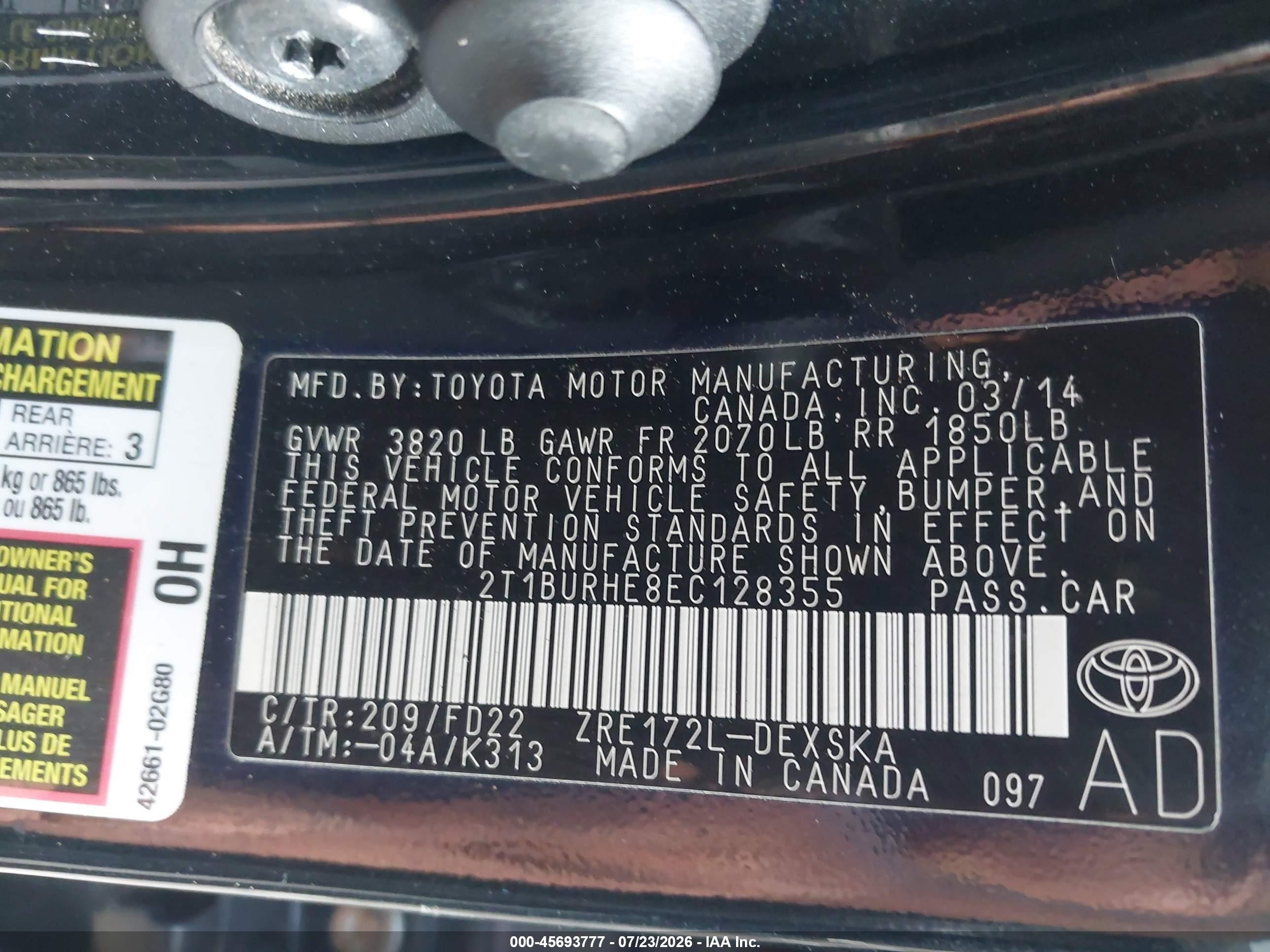 2014 Toyota Corolla S Plus Black vin: 2T1BURHE8EC128355