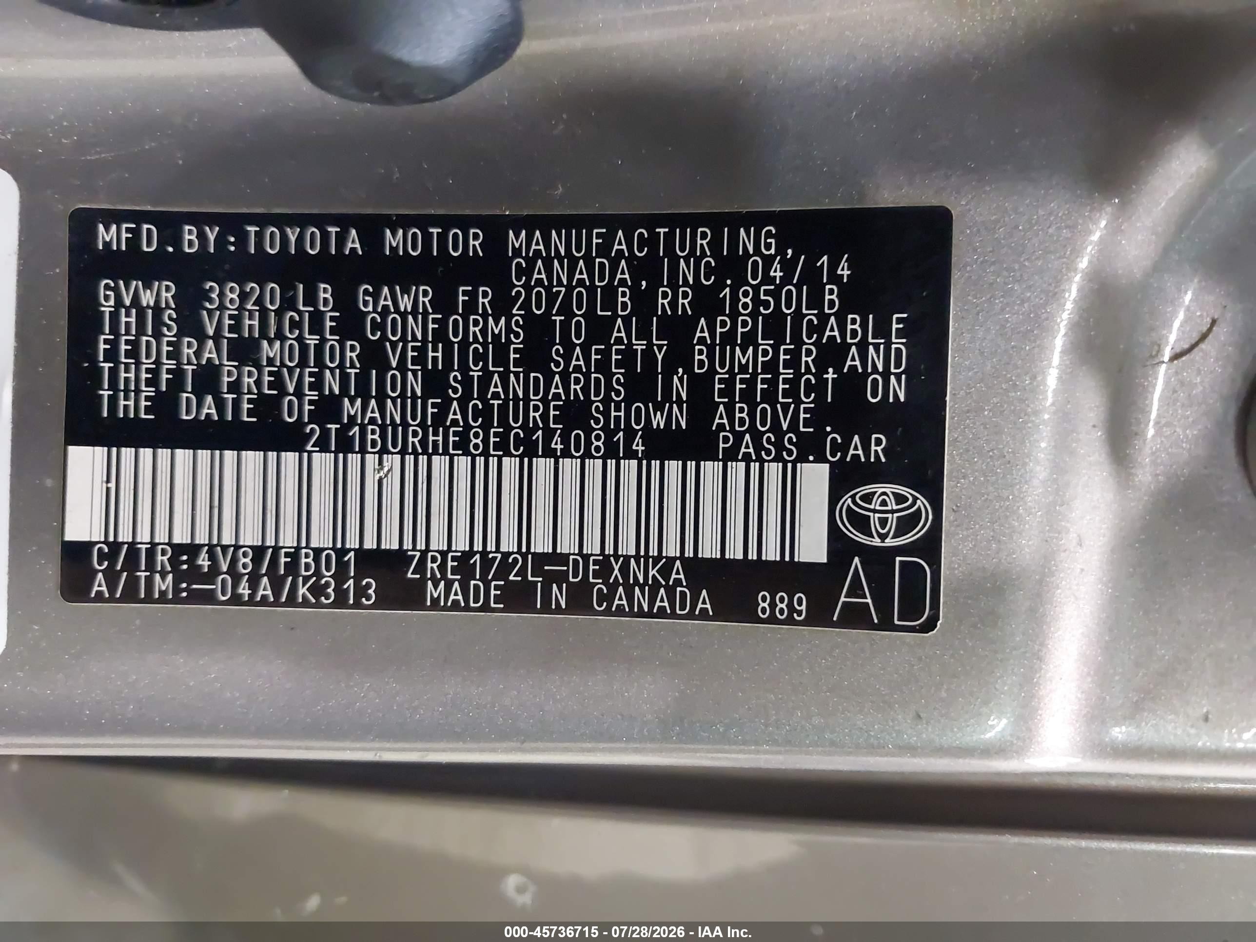 2014 Toyota Corolla Le Gray vin: 2T1BURHE8EC140814