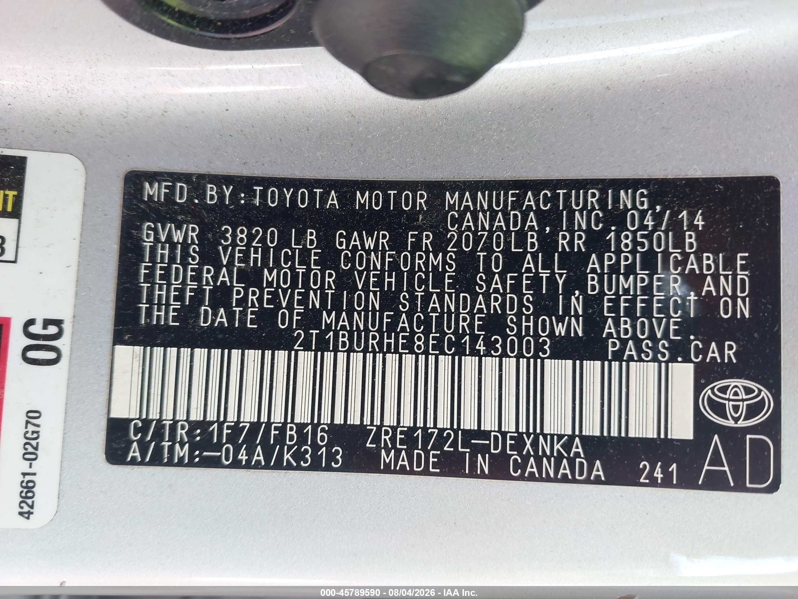 2014 Toyota Corolla Le Silver vin: 2T1BURHE8EC143003