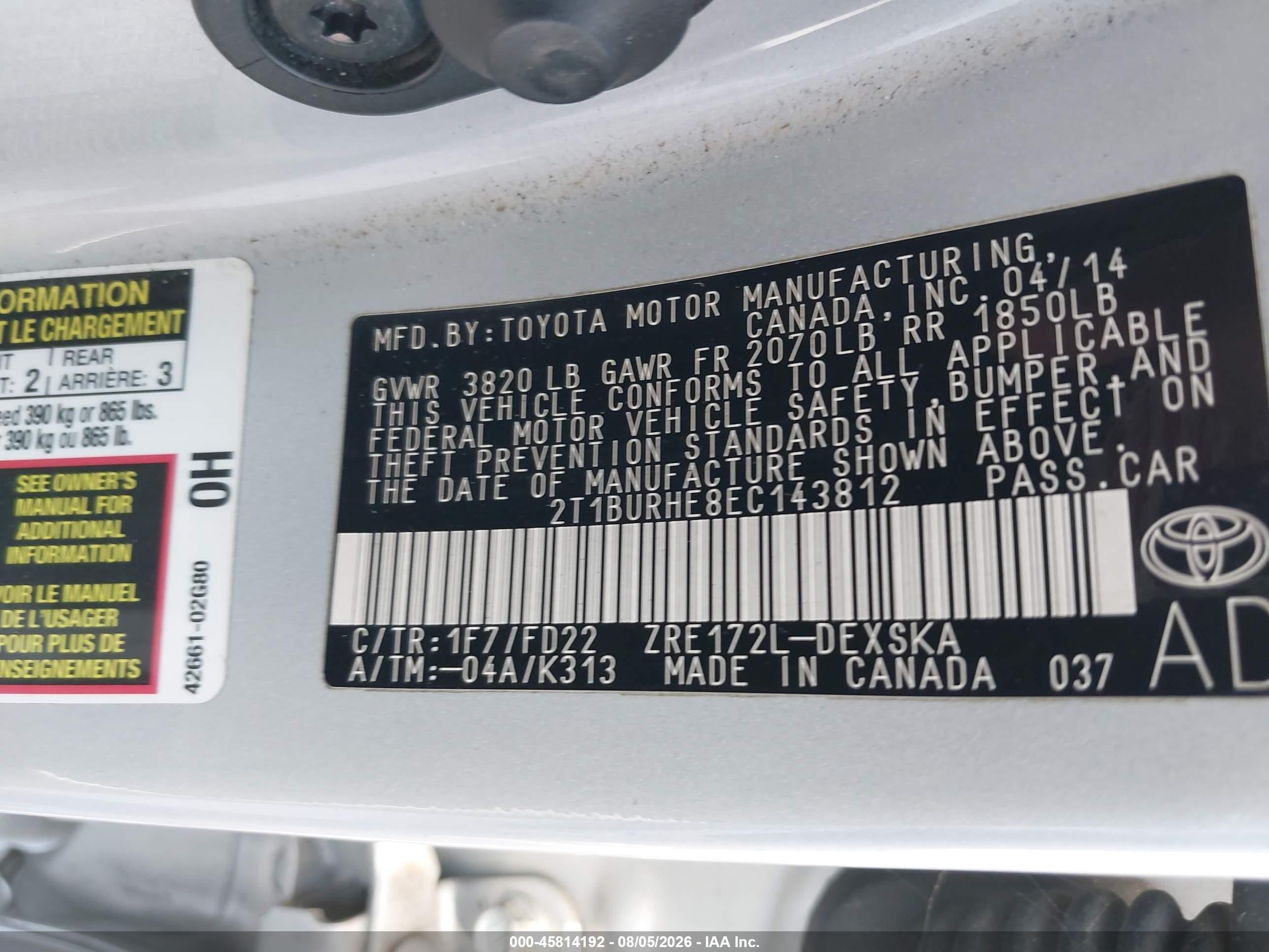 2014 Toyota Corolla S Plus Silver vin: 2T1BURHE8EC143812
