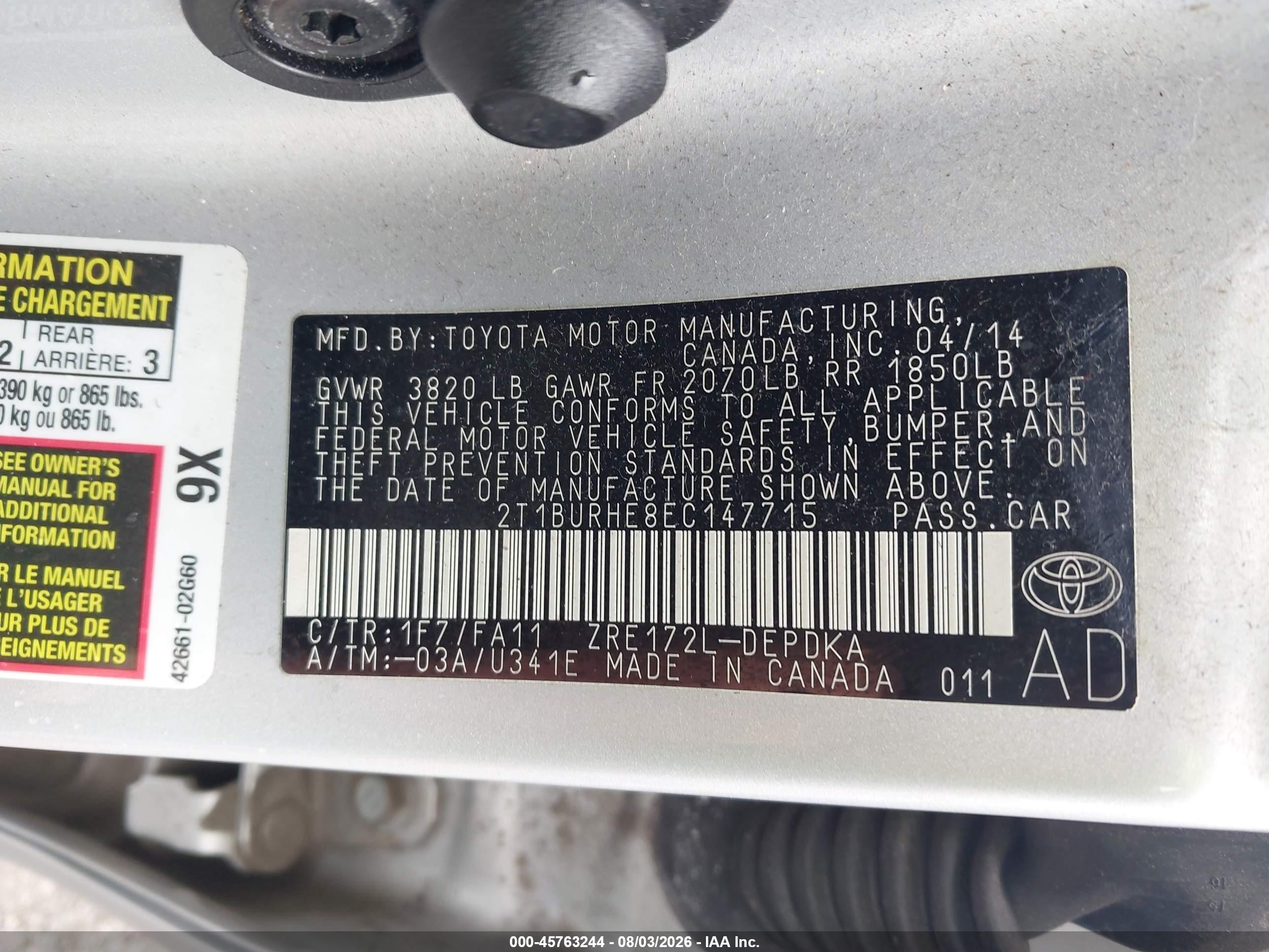 2014 Toyota Corolla L Silver vin: 2T1BURHE8EC147715