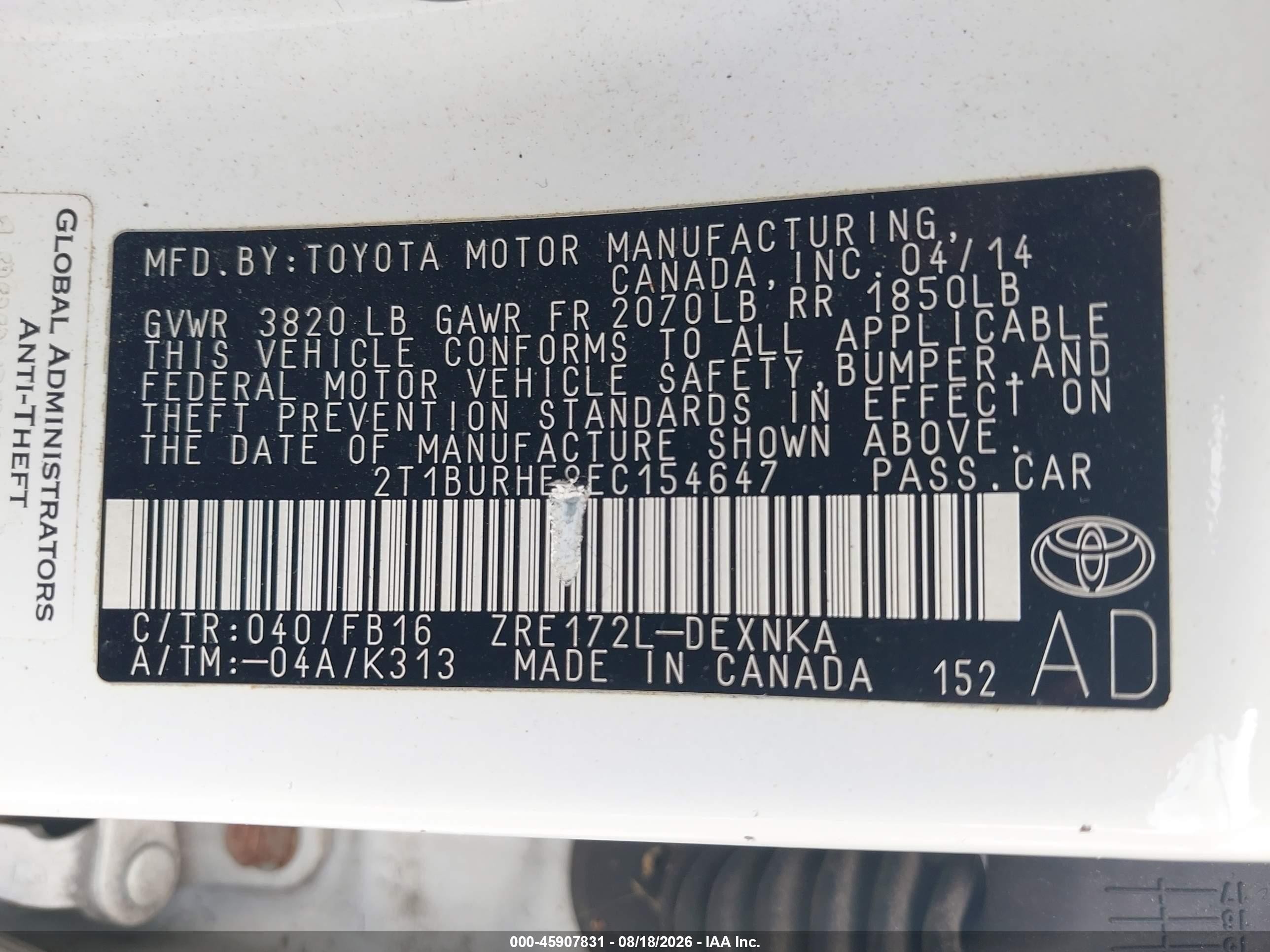 2014 Toyota Corolla Le Plus White vin: 2T1BURHE8EC154647