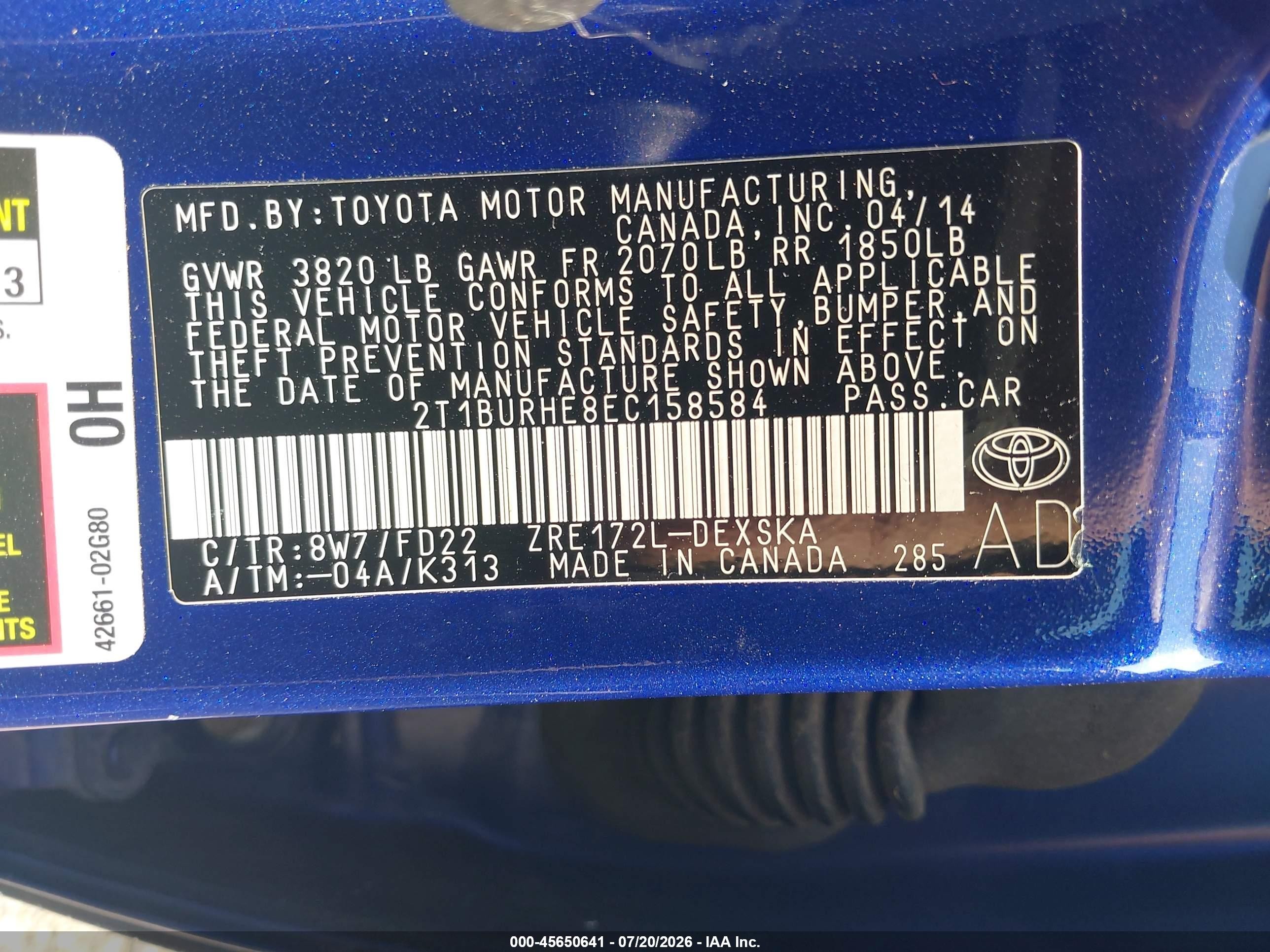 2014 Toyota Corolla S Plus Синий vin: 2T1BURHE8EC158584