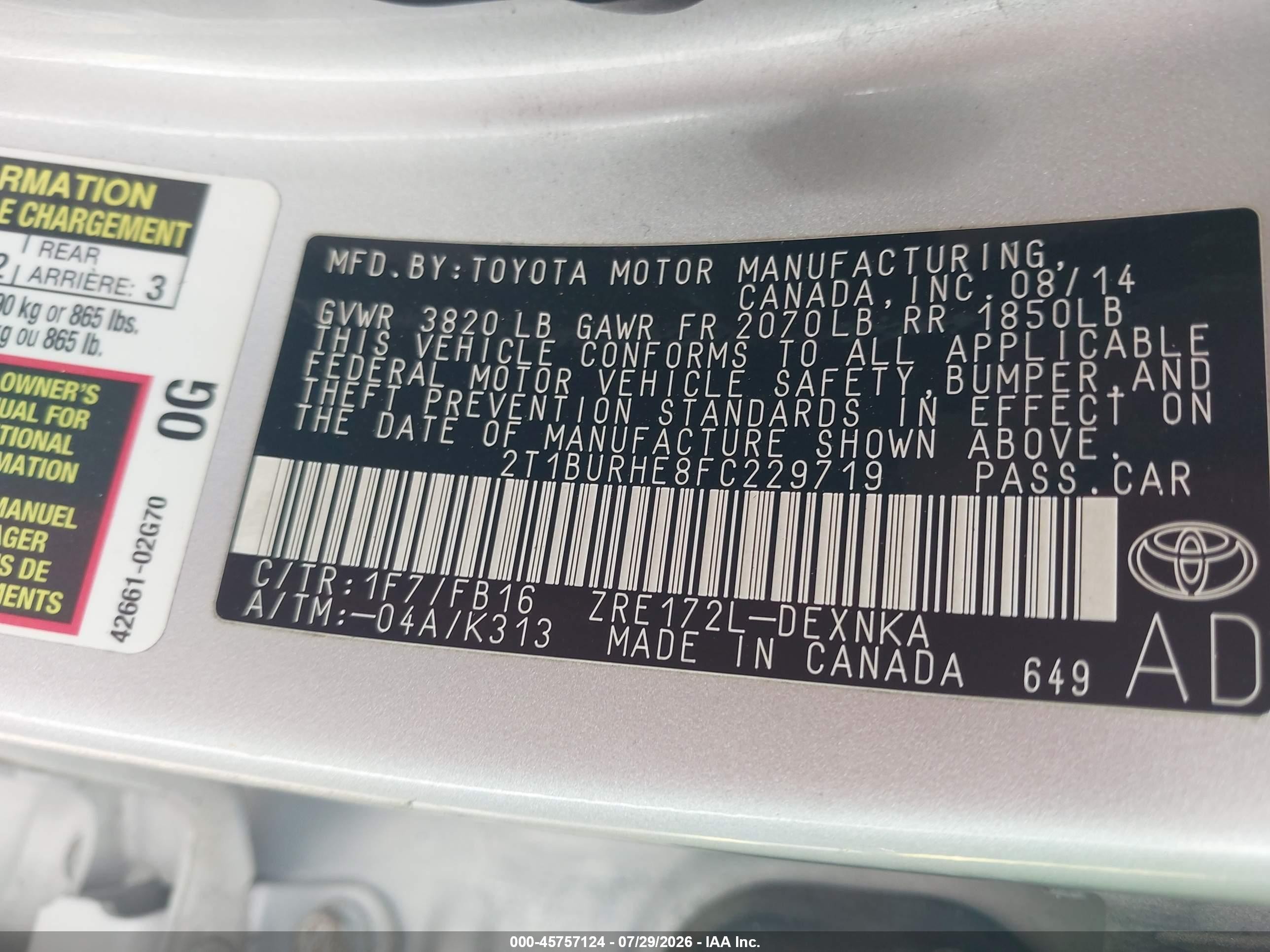 2015 Toyota Corolla Le Silver vin: 2T1BURHE8FC229719