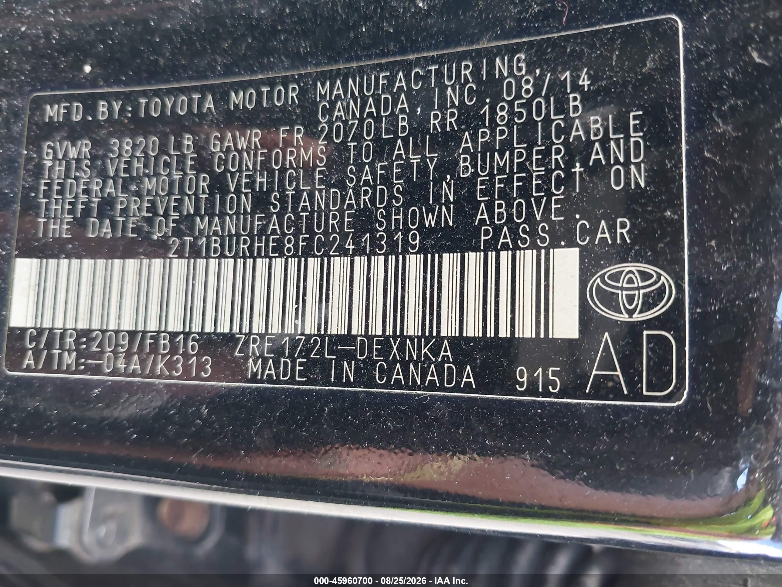 2015 Toyota Corolla Le Plus Black vin: 2T1BURHE8FC241319