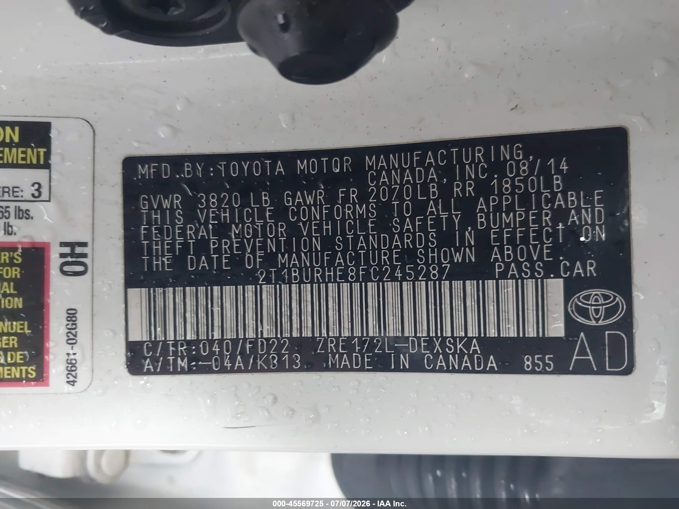 2015 Toyota Corolla S Plus White vin: 2T1BURHE8FC245287