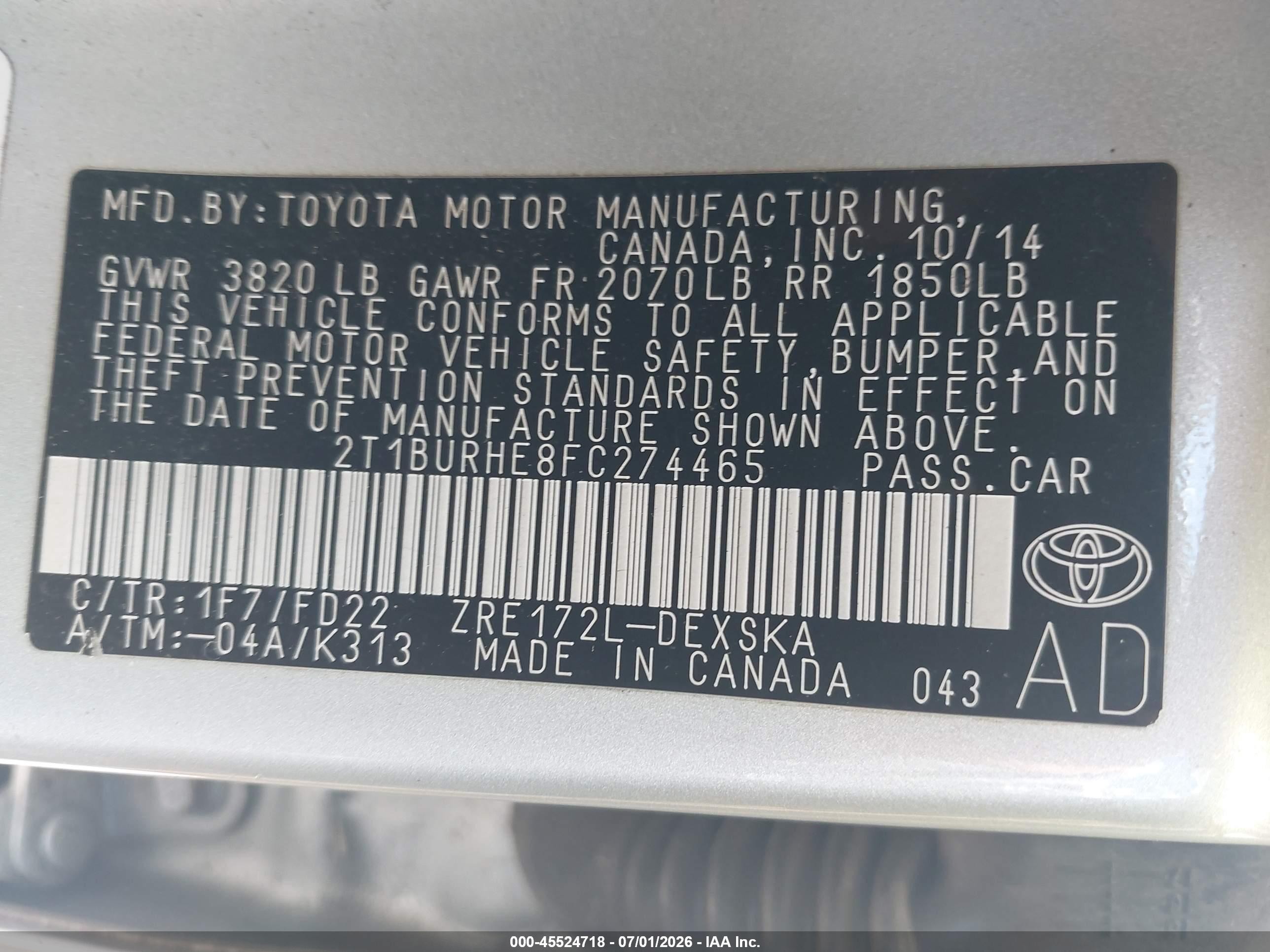 2015 Toyota Corolla S Plus Silver vin: 2T1BURHE8FC274465