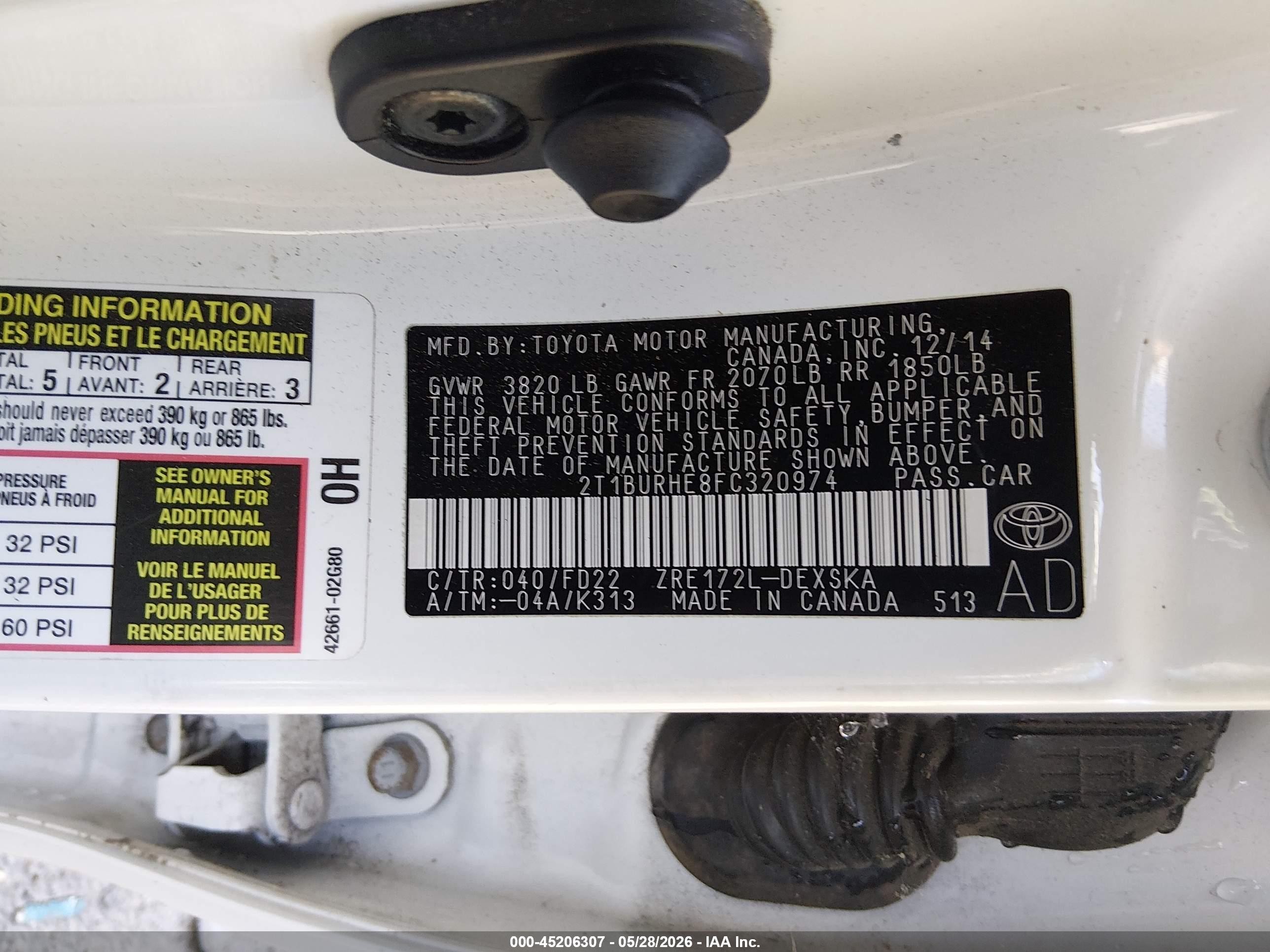 2015 Toyota Corolla S Plus White vin: 2T1BURHE8FC320974