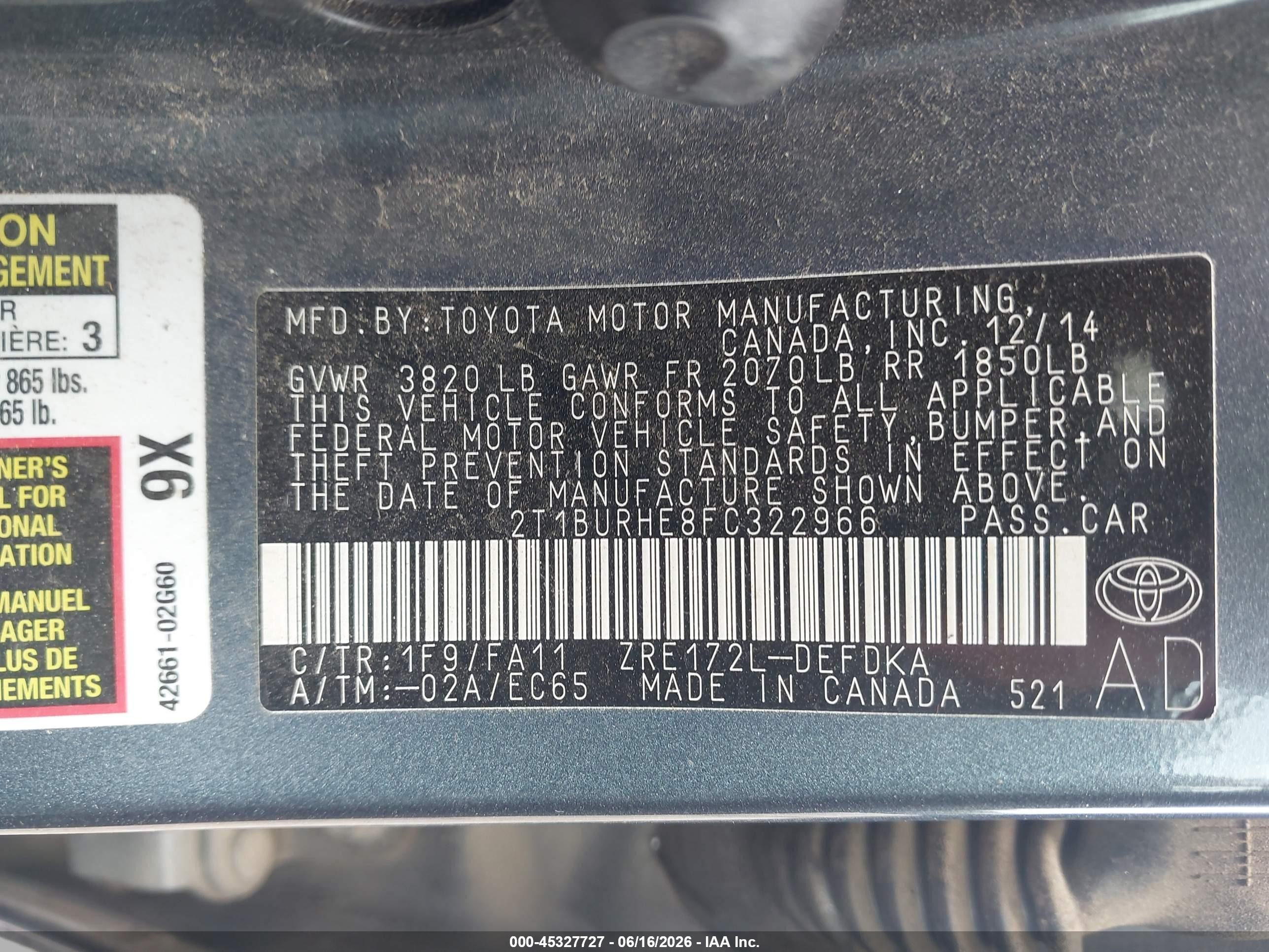2015 Toyota Corolla L Gray vin: 2T1BURHE8FC322966