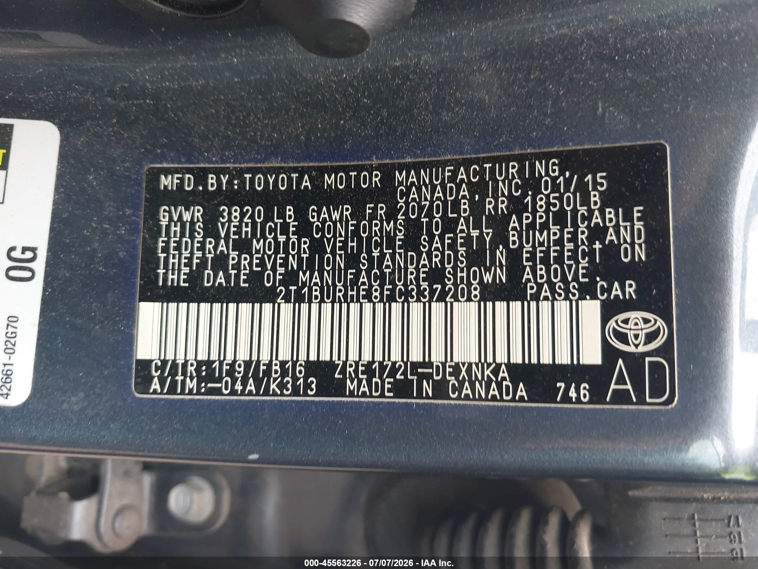 2015 Toyota Corolla Le Blue vin: 2T1BURHE8FC337208