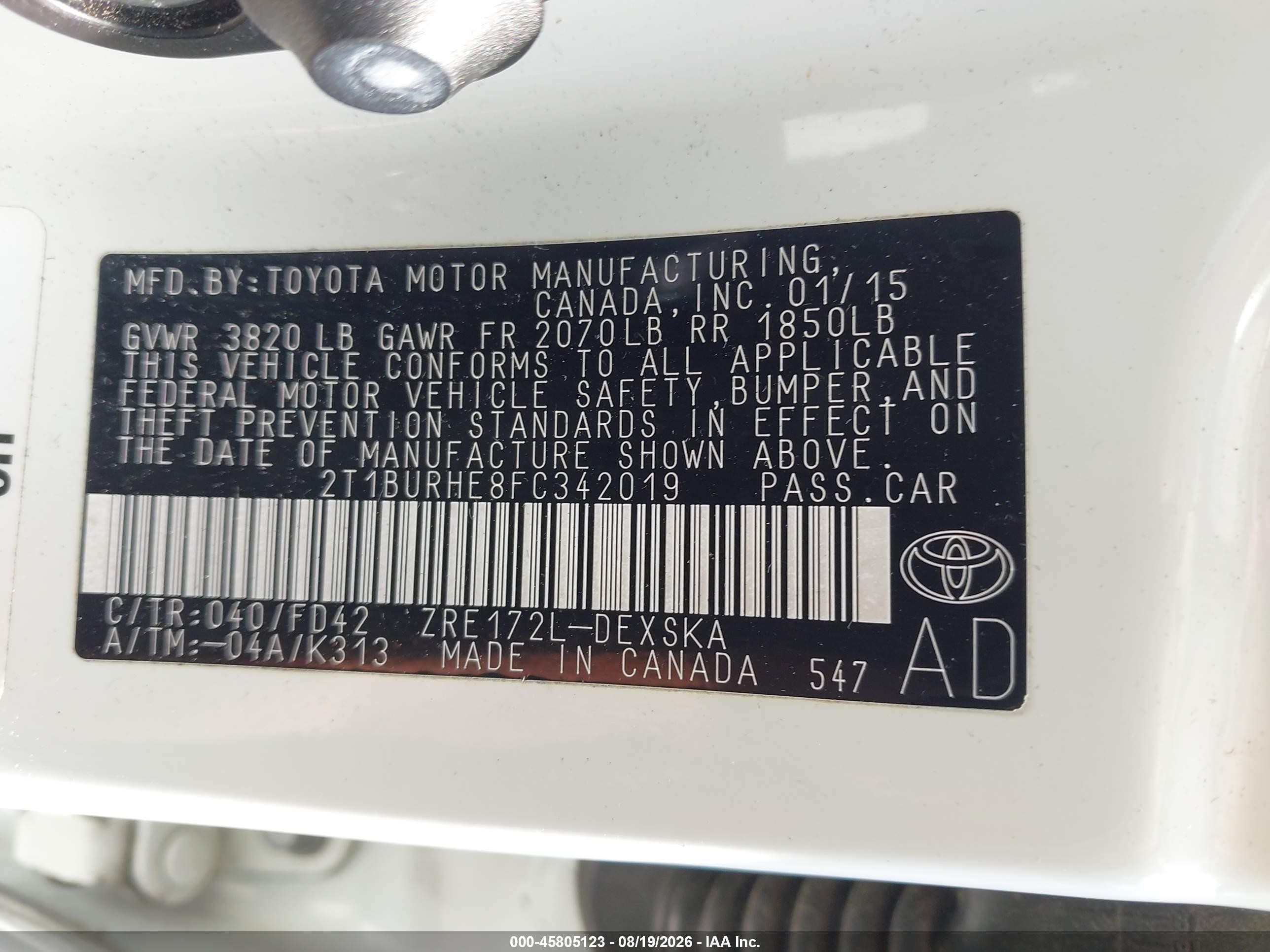 2015 Toyota Corolla S Plus White vin: 2T1BURHE8FC342019