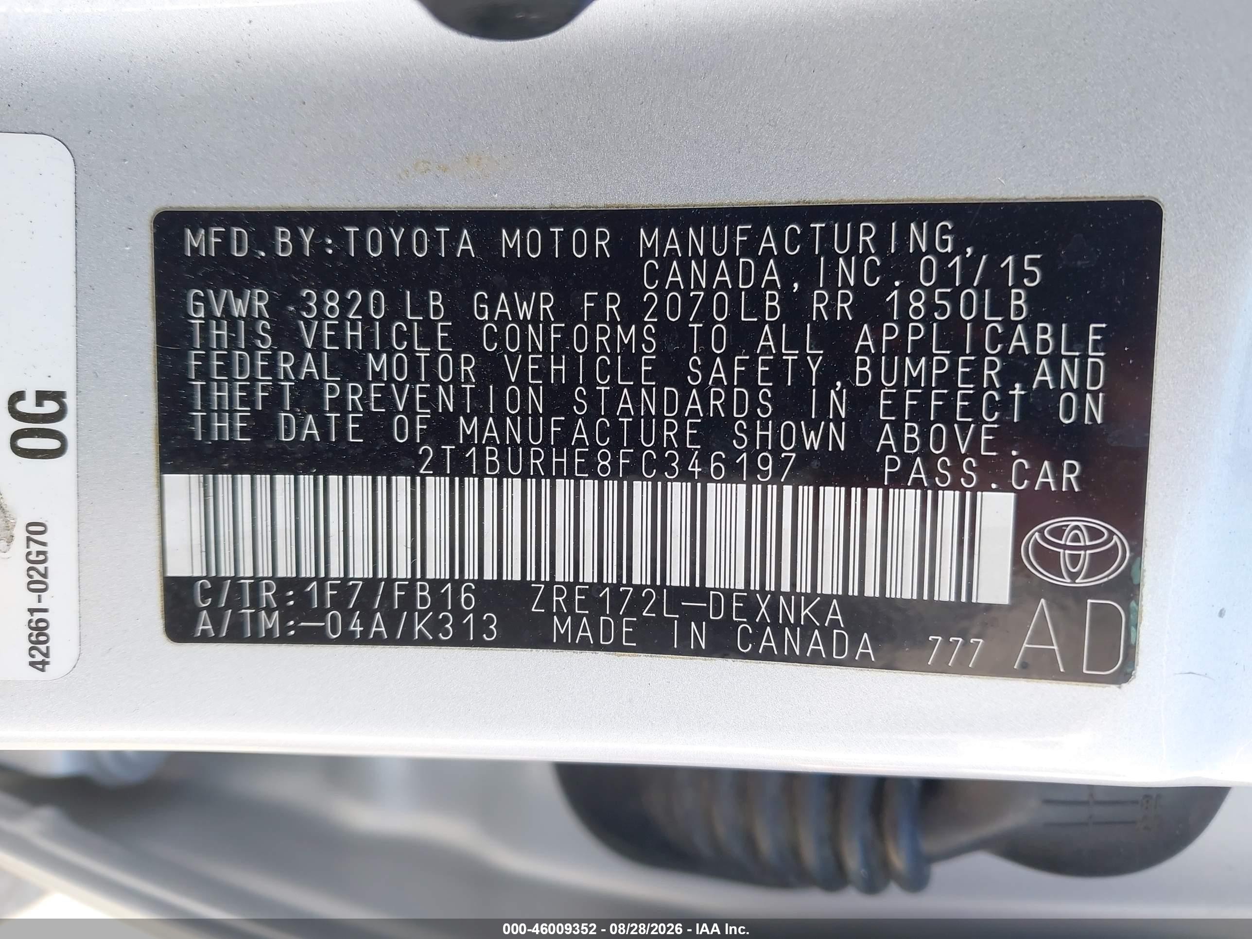 2015 Toyota Corolla Le Silver vin: 2T1BURHE8FC346197